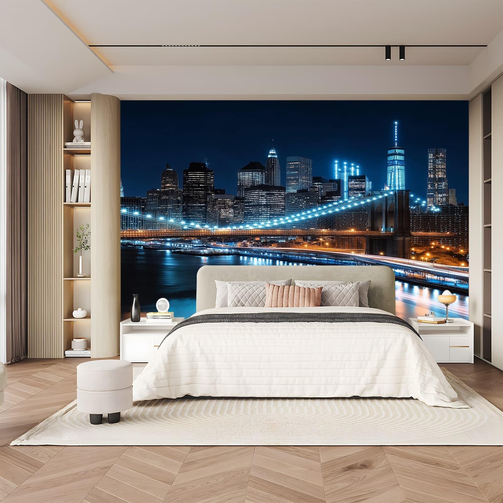 Niebieskie Miasto Fototapeta Miasto Noc Tapeta z włókniny 3D Efekt 300 x 213 cm Plakat Obrazy ścienne Gobelin Zdjęcie Trompe l'oeil Ornament