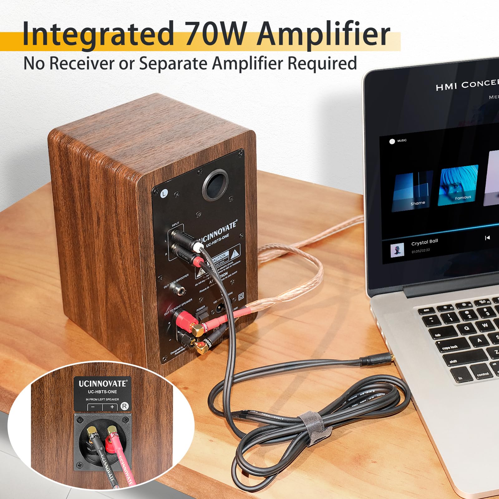 UCINNOVATE 1 paire d'enceintes HiFi actives compactes, entrées Bluetooth et AUX, boîtier en bois, son surround 3D dynamique pour musique, disque vinyle, home cinéma, jeux, PC, ordinateur portable