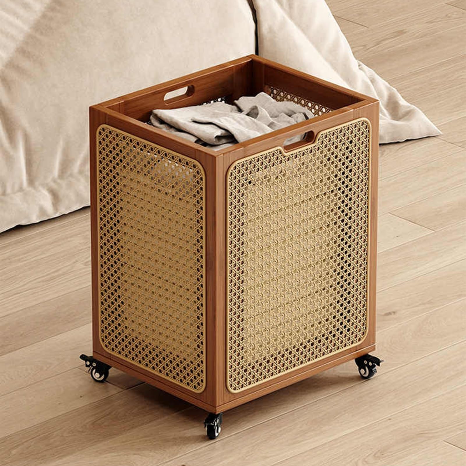 Folding Laundry Basket Household Storage Bamboo with Wheels,Rolling Hamper with Handle,Rattan Weaving Craftsmanship