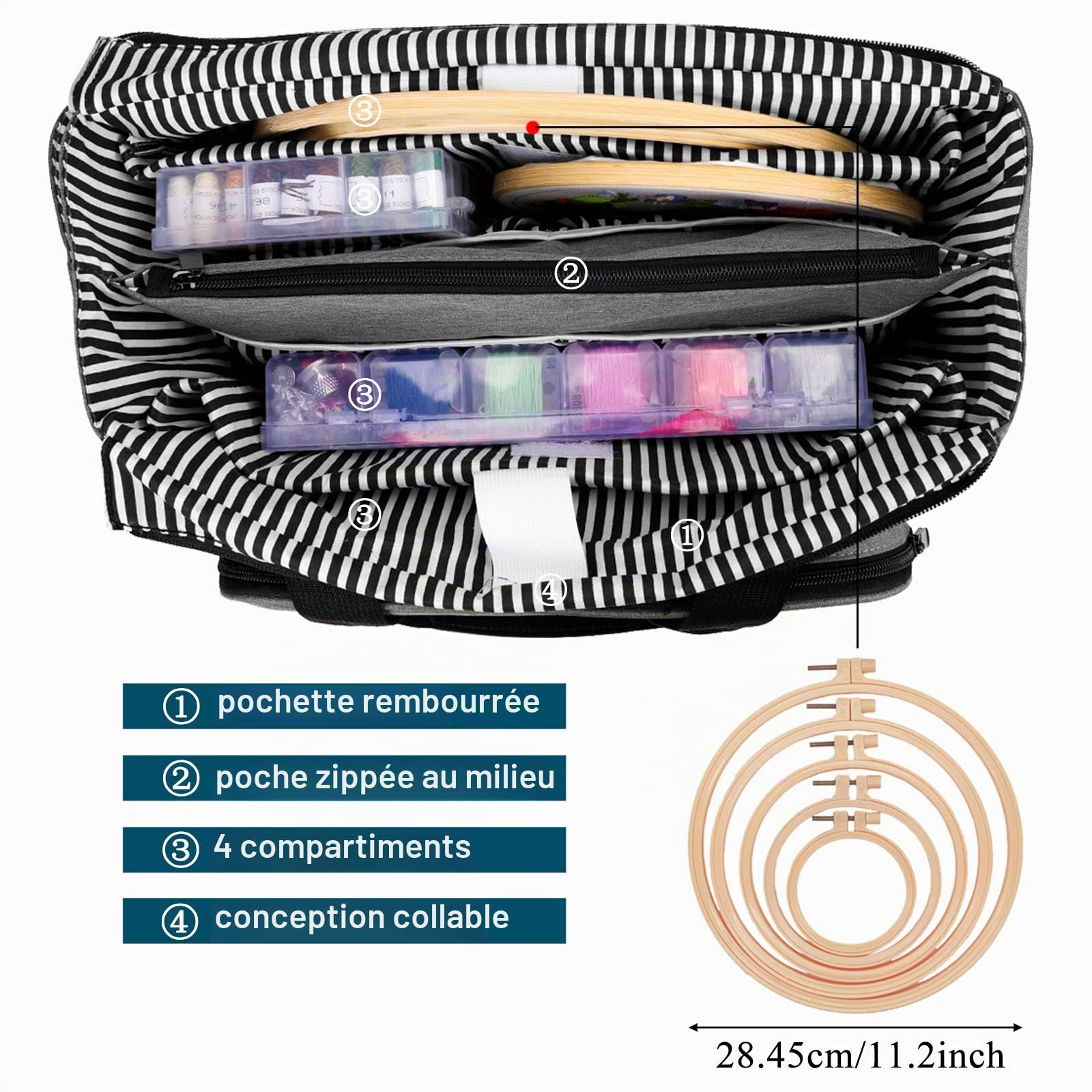 Coopay Sac de Rangement pour Point de Croix et Broderie, Grand Format avec Compartiments pour Aiguilles et Cerceaux, Gris