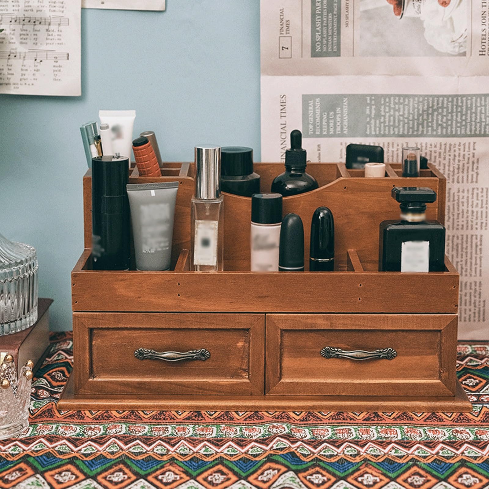 Organisateur de Maquillage en Bois Massif, Organiseur de Papeterie de Bureau, tiroir, Organisateur de cosmétiques Multifonctionnel, Table