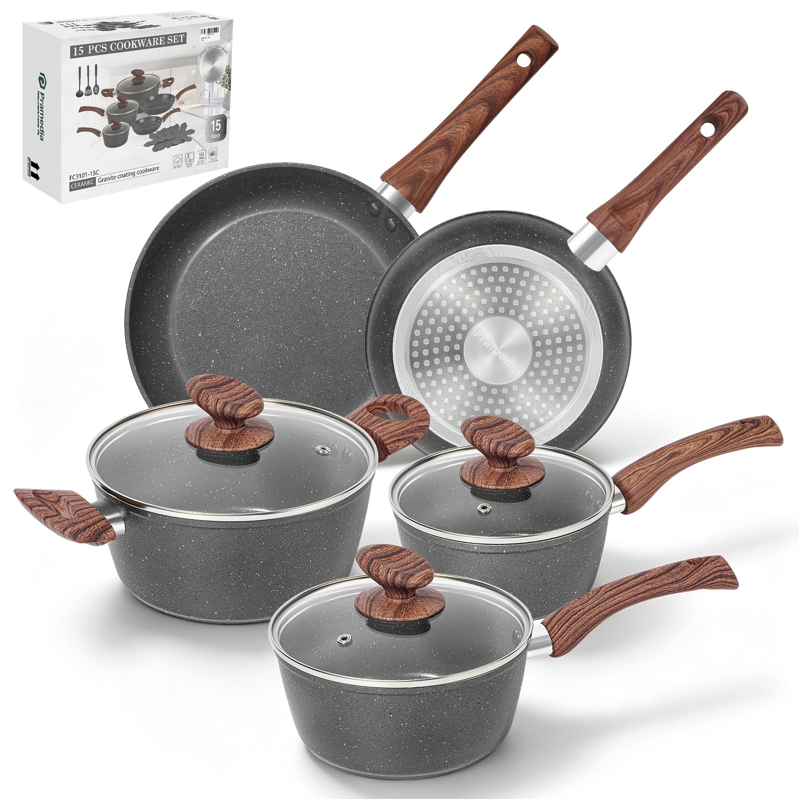 PRAMEDIA Batería de Cocina Cerámica 15 Piezas, Juego de Ollas y Sartenes