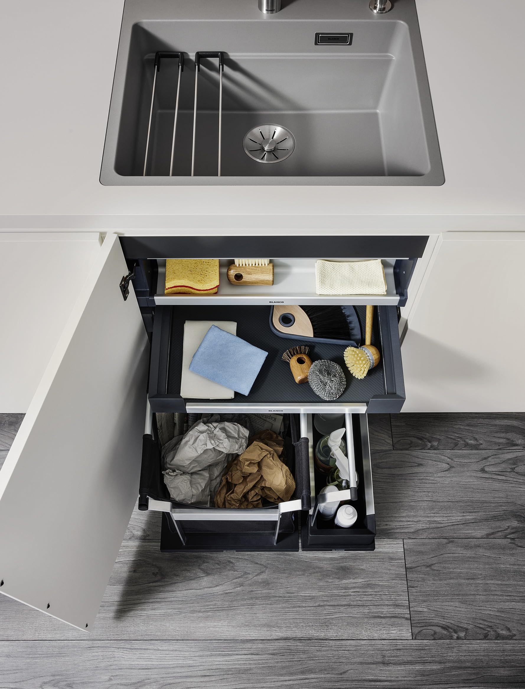BLANCO Flat Drawer 60 - Puerta giratoria (plástico, aluminio, chapa de acero, armario inferior de 60 unidades, almacenamiento de accesorios para fregadero, utensilios de limpieza, rollos de bolsas de
