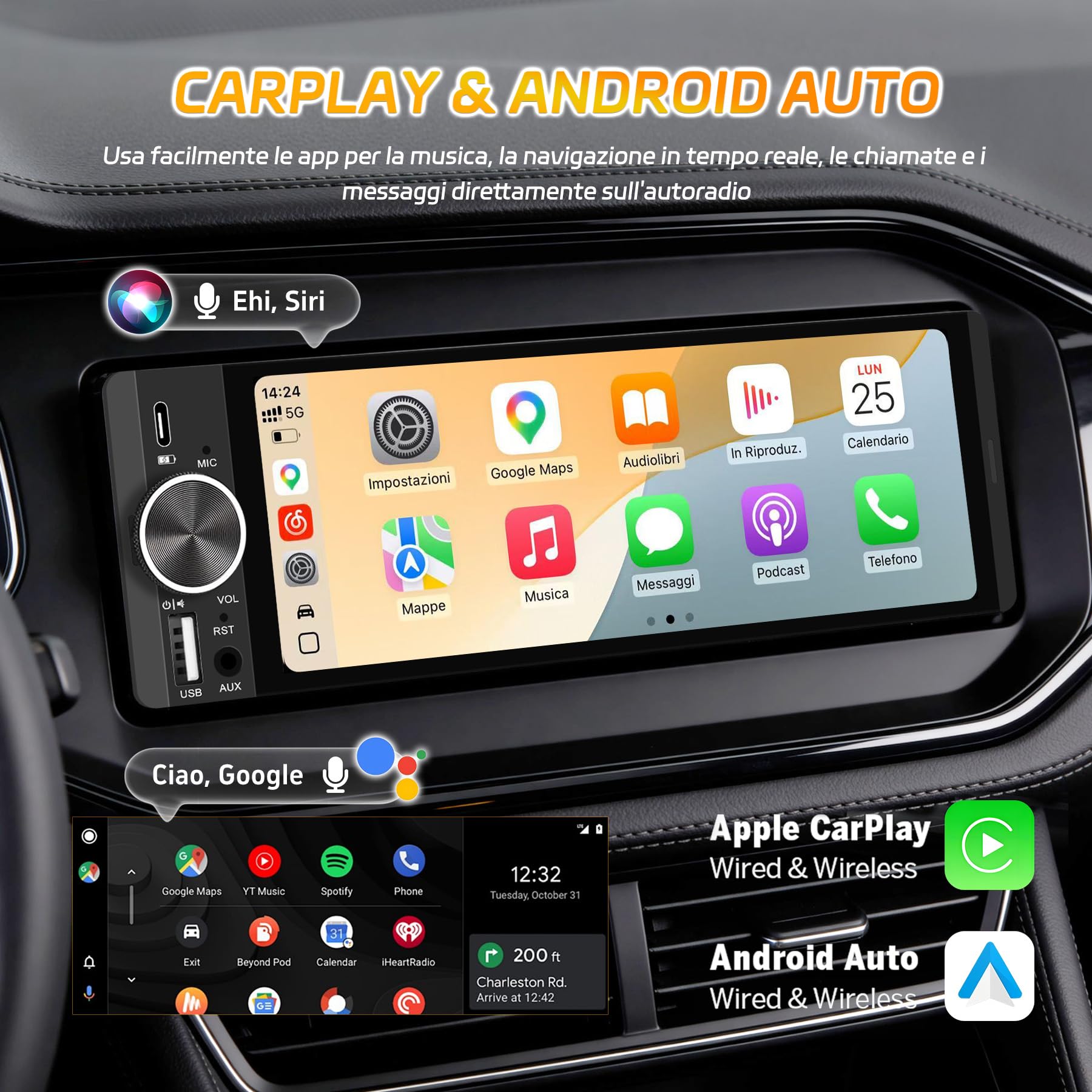 Autoradio Bluetooth 1 Din con Schermo da 6,28 Pollici, CarPlay/Android Auto | Telecamera Posteriore, Navigazione GPS, FM/RDS, Comandi al Volante, Comandi Vocali, Radio Auto Un Din Car Stereo Touch Screen