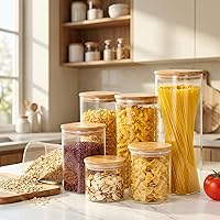 Vista 6 de Tamaño múltiple - Juego de 5 frascos cuadrados de vidrio con tapas de bambú, recipientes de vidrio para almacenamiento de alimentos con tapas