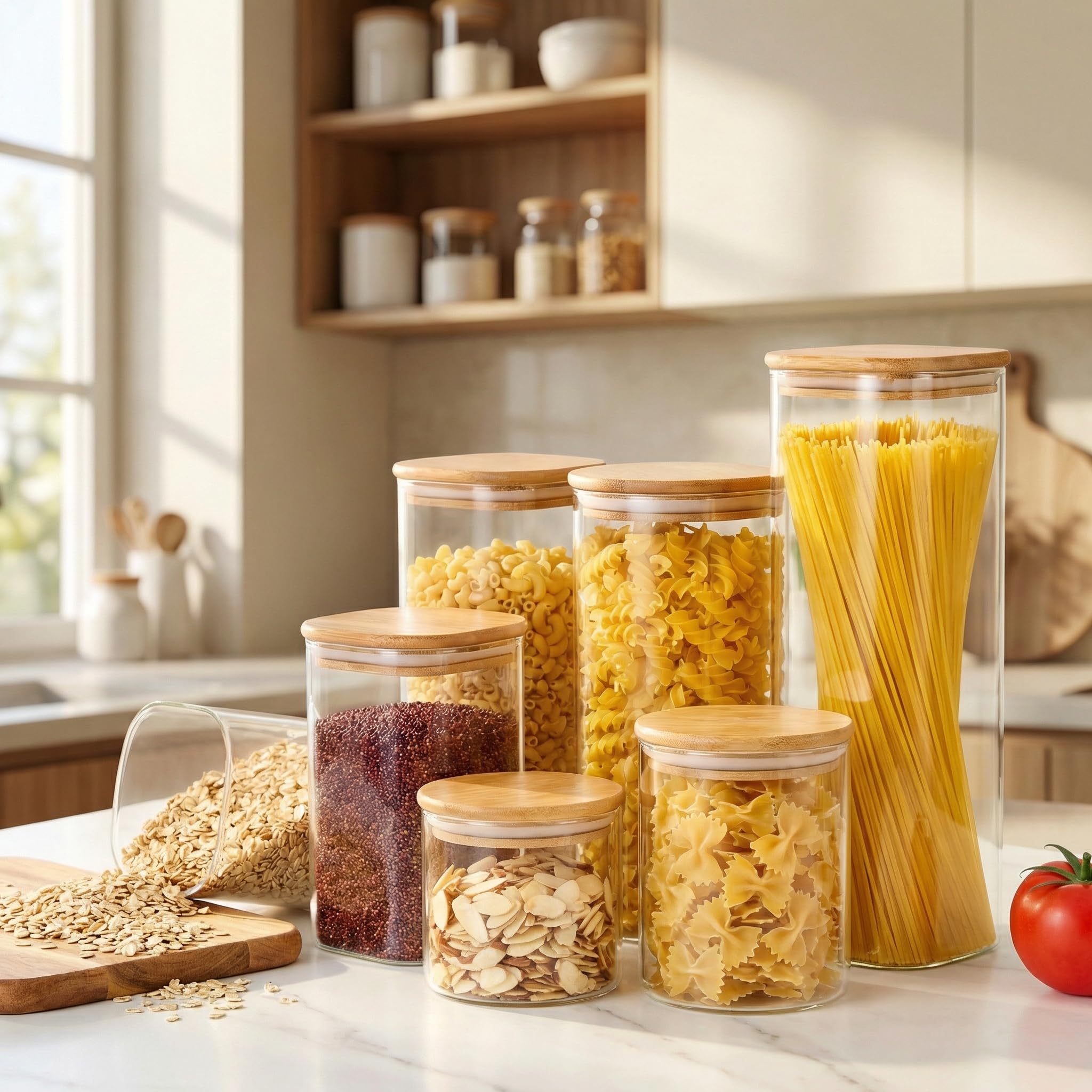 HomArtist Tarros cuadrados de vidrio con tapas de bambú, paquete de 5 recipientes de almacenamiento de vidrio con tapa, recipientes de vidrio con tapas herméticas, recipientes de vidrio para