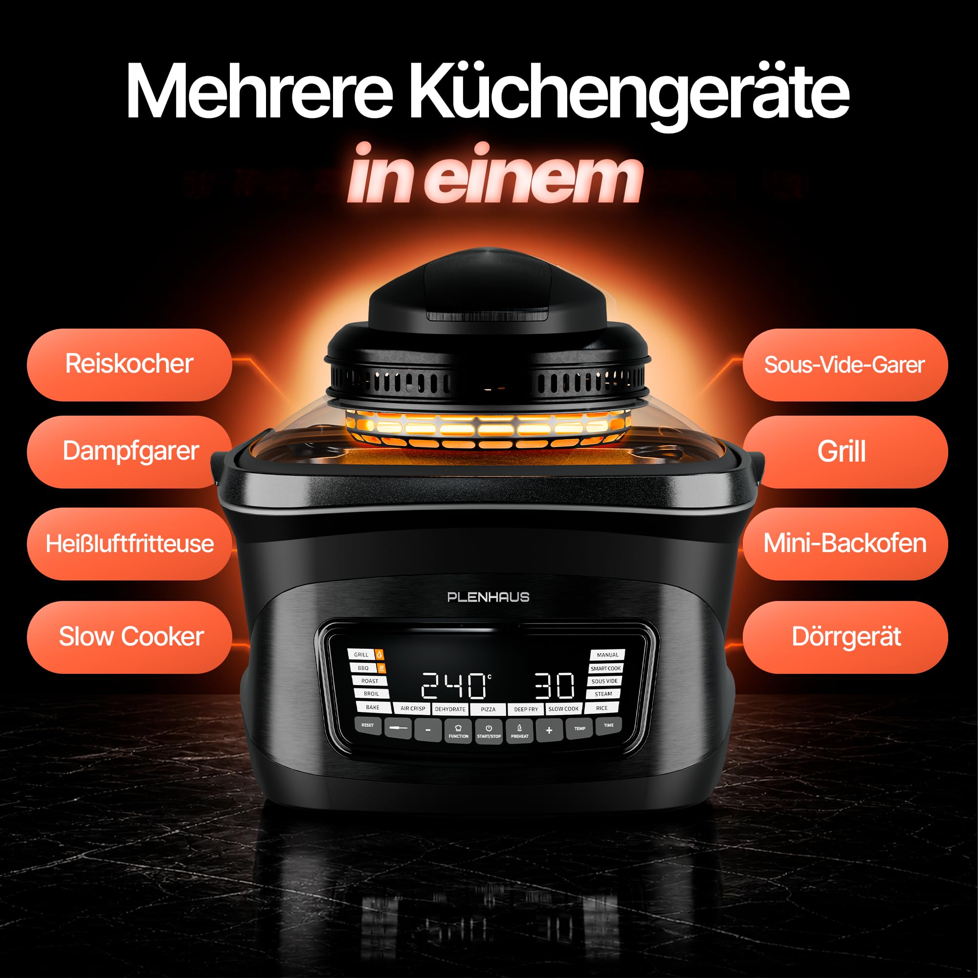 Multikocher mit Heißluftfritteuse & Grill 8L – 14 Programme, 2 Deckel (Glas & Grill), Air Fryer, Backen, Dampfgaren, Sous Vide, Dörren, Warmhalten