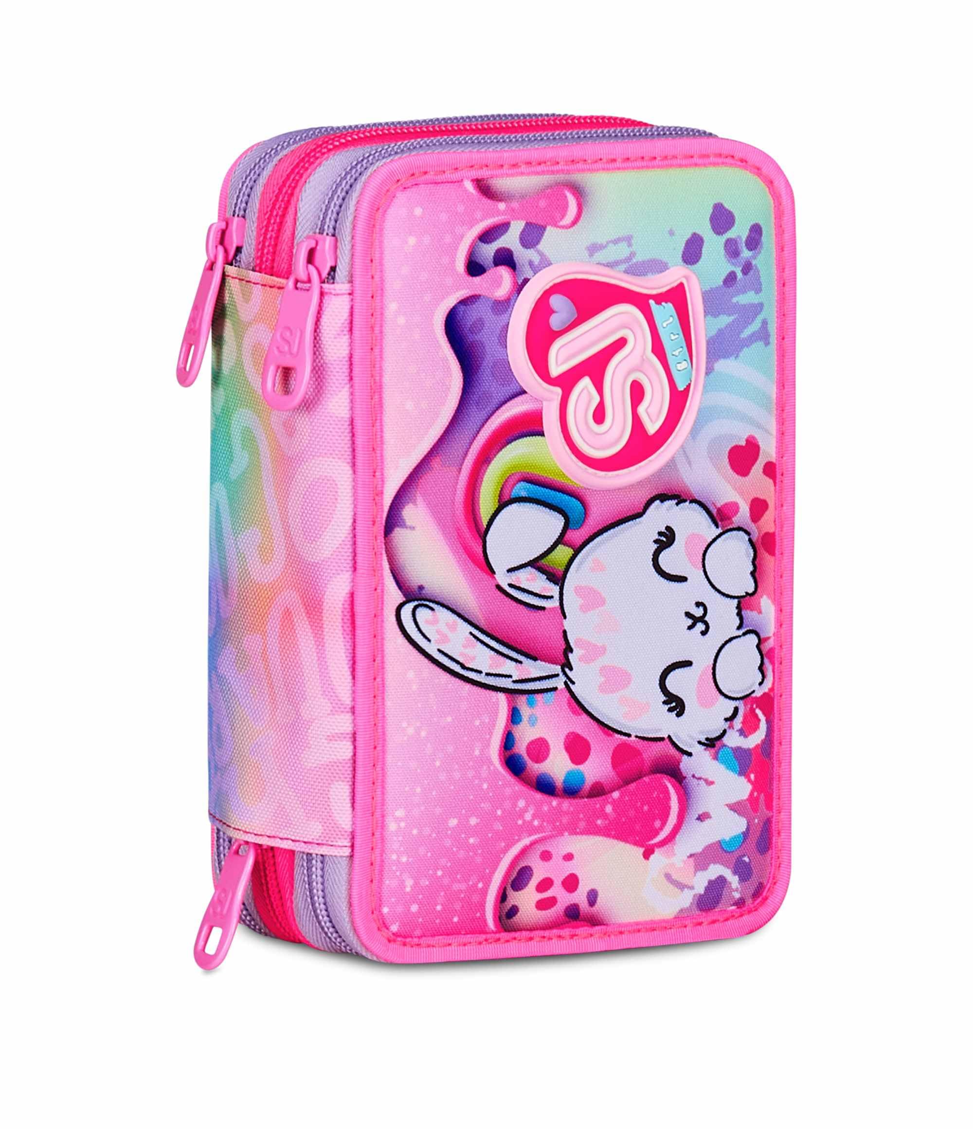 Astuccio Scuola 3 Zip Fucsia Portapenne Triplo Scomparto Completo Penne Matite Colori