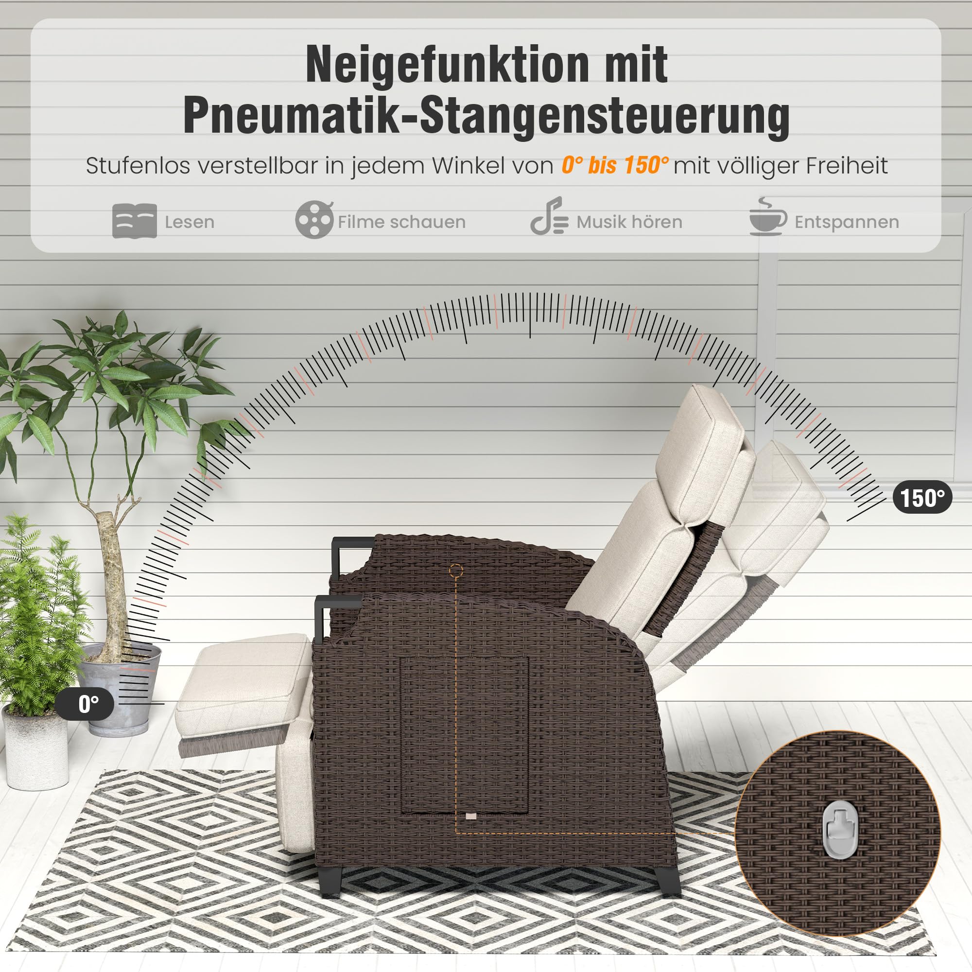 Amopatio Relaxliege Liegesessel, Rattan Sonnenliege mit Verstellbar Rückenlehne und Klapptisch, Outdoor Gartensessel wetterfestes, für Terrasse, Garten, Balkon, Beige Sitzkissen & Dunkelbraun Rattan
