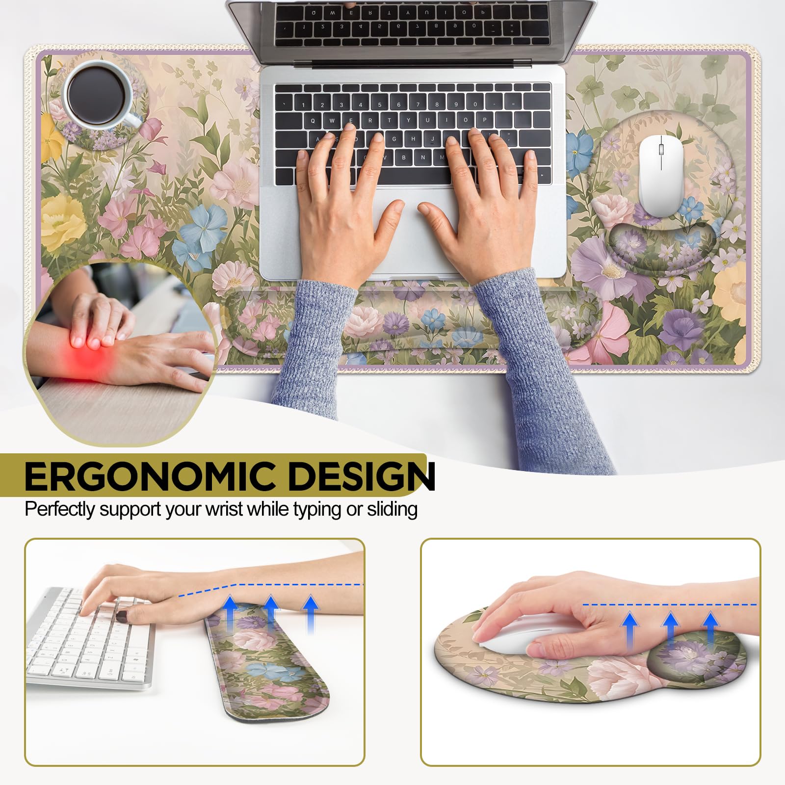 AIMSA Grande tappetino per mouse da gioco, tappetino poggiapolsi per tastiera, supporto per il polso, tappetino da scrivania esteso ergonomico per casa e ufficio, bellissimi fiori