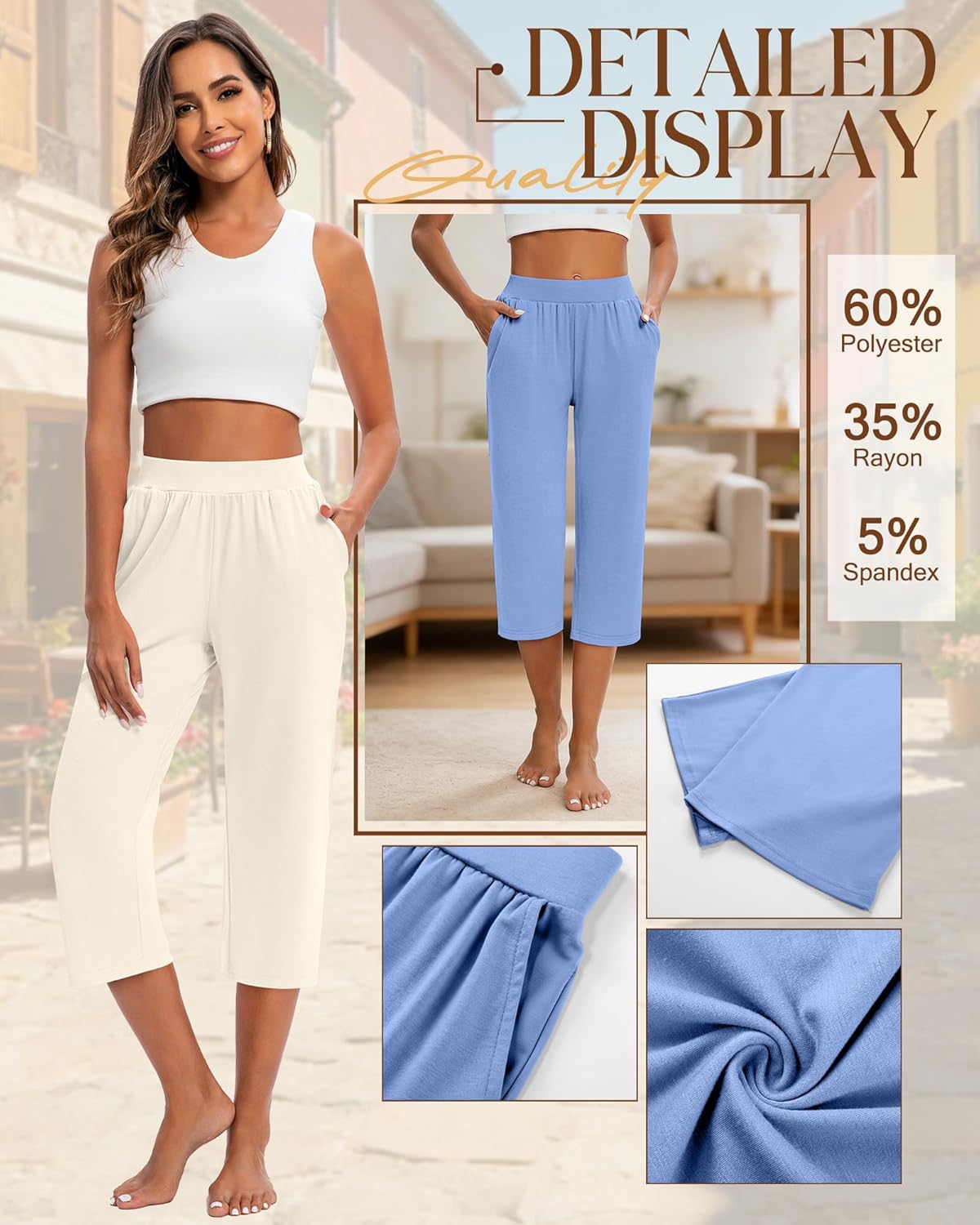 Huukeay 3 Pack Women's Capri Sweatpants, Cozy Wide Legs Cropped Capri with Pockets, Lounge Jogger Pants Workout Yoga Solid - Image 5