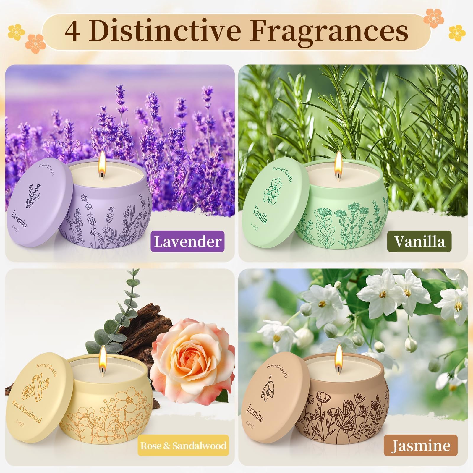 WarmEmbrace Duftkerzen für Frauen, 500 ml, romantische Kerzen für Frauen, Mädchen, Kerzen-Set, 120 Stunden Brenndauer, Soja-Kerzen für Zuhause, Lavendel, Vanille, Rose und Sandelholz, Jasmin, 4 Stück