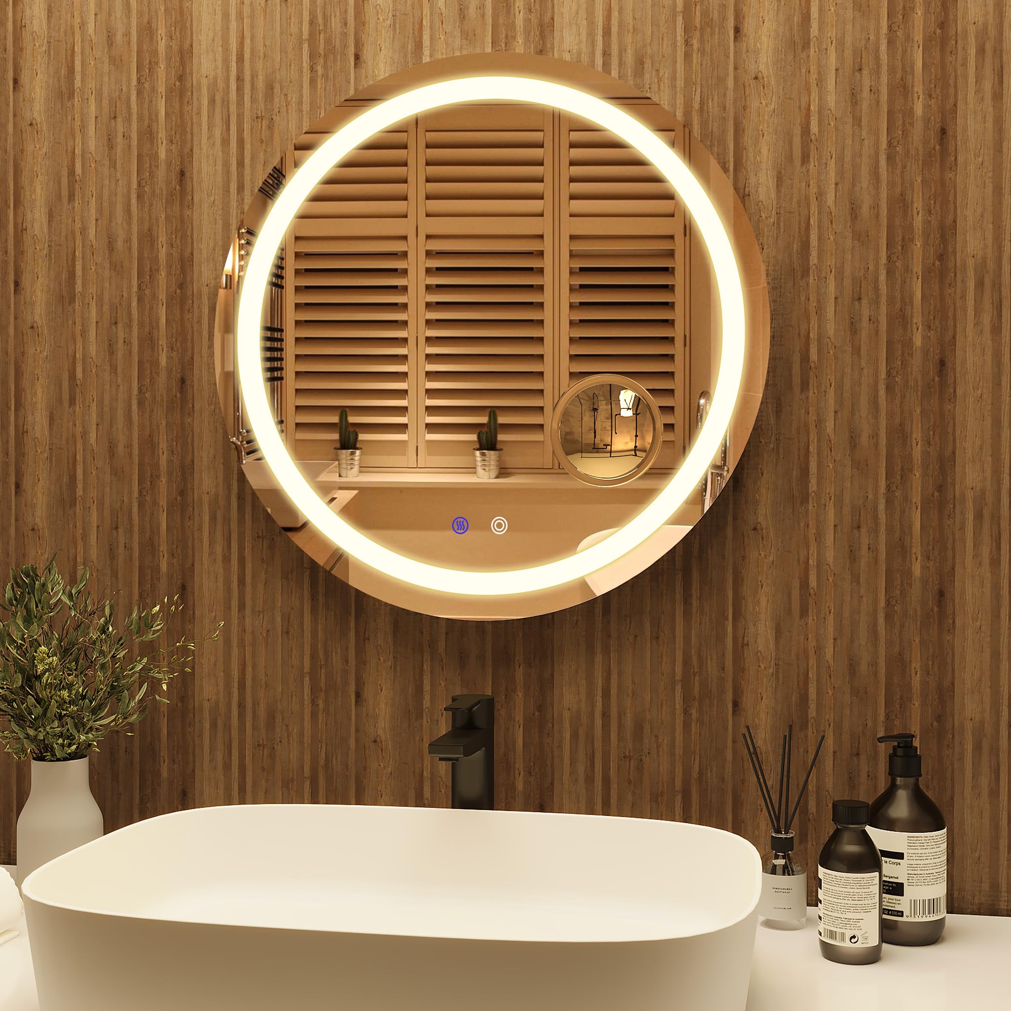 Meerveil Badkamerspiegel met verlichting, led-badkamerspiegel met aanraakschakelaar, 3 x vergroting en anti-condens, 3 lichtkleuren, dimbaar, voor badkamer, 80 x 60 cm (3000 K - 6500 K Meerveil Badkamerspiegel met verlichting, led-badkamerspiegel met aanraakschakelaar, 3 x vergroting en anti-condens, 3 lichtkleuren, dimbaar, voor badkamer, 80 x 60 cm (3000 K - 6500 K