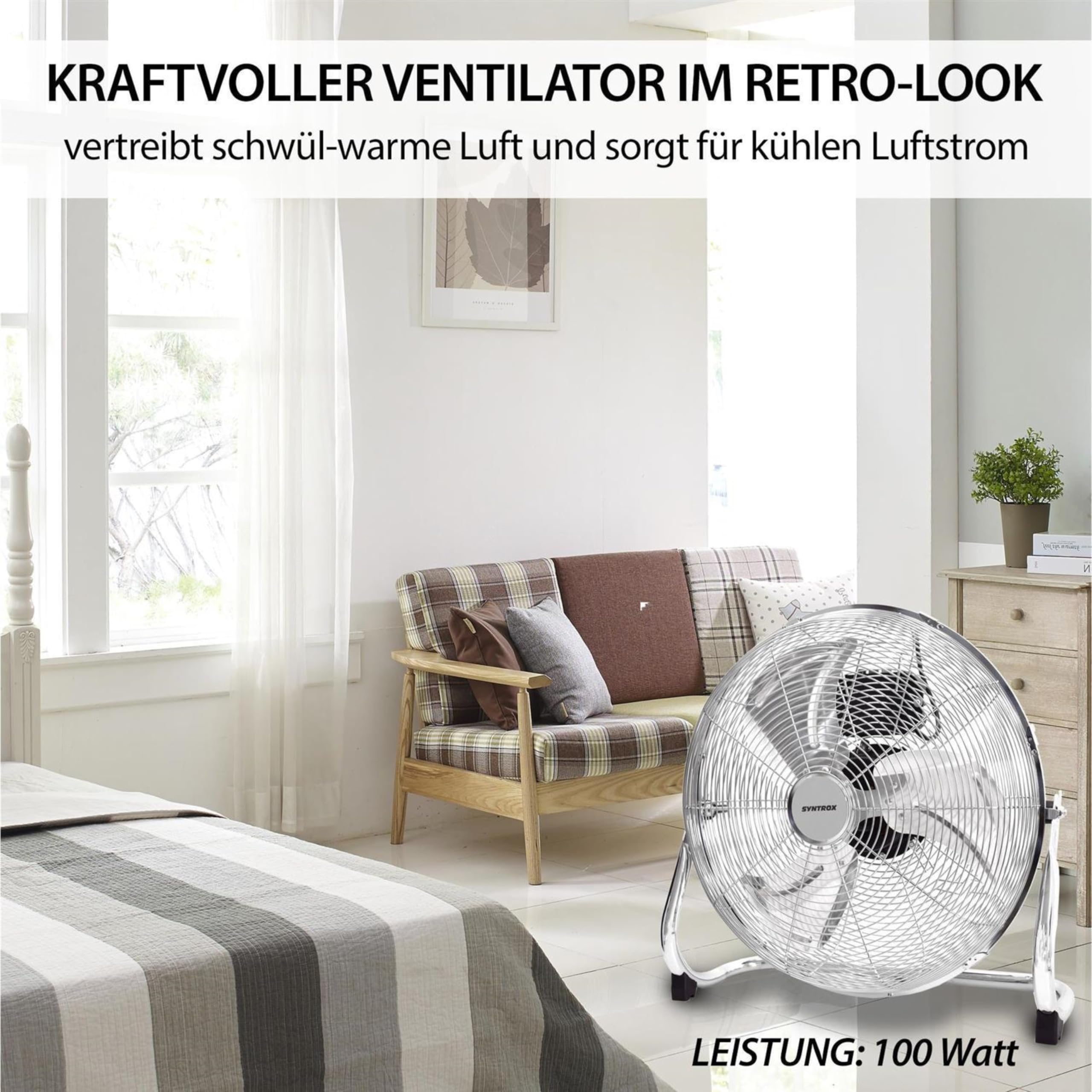 Syntrox Turbo Ventilator Quirbos | Edelstahl Windmaschine | Bodenventilator, 41 cm Rotorblatt, 3 Geschwindigkeitsstufen, 100 Watt, Stabil und standfest