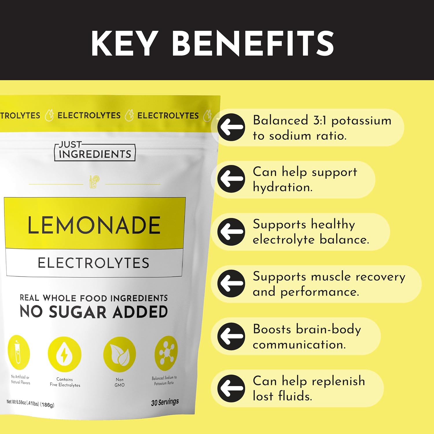 JUST INGREDIENTS Lemonade Electrolytes Drink Mix - Coconut Water, Sea Salt, Trace Minerals - 30 Servings - Image 5