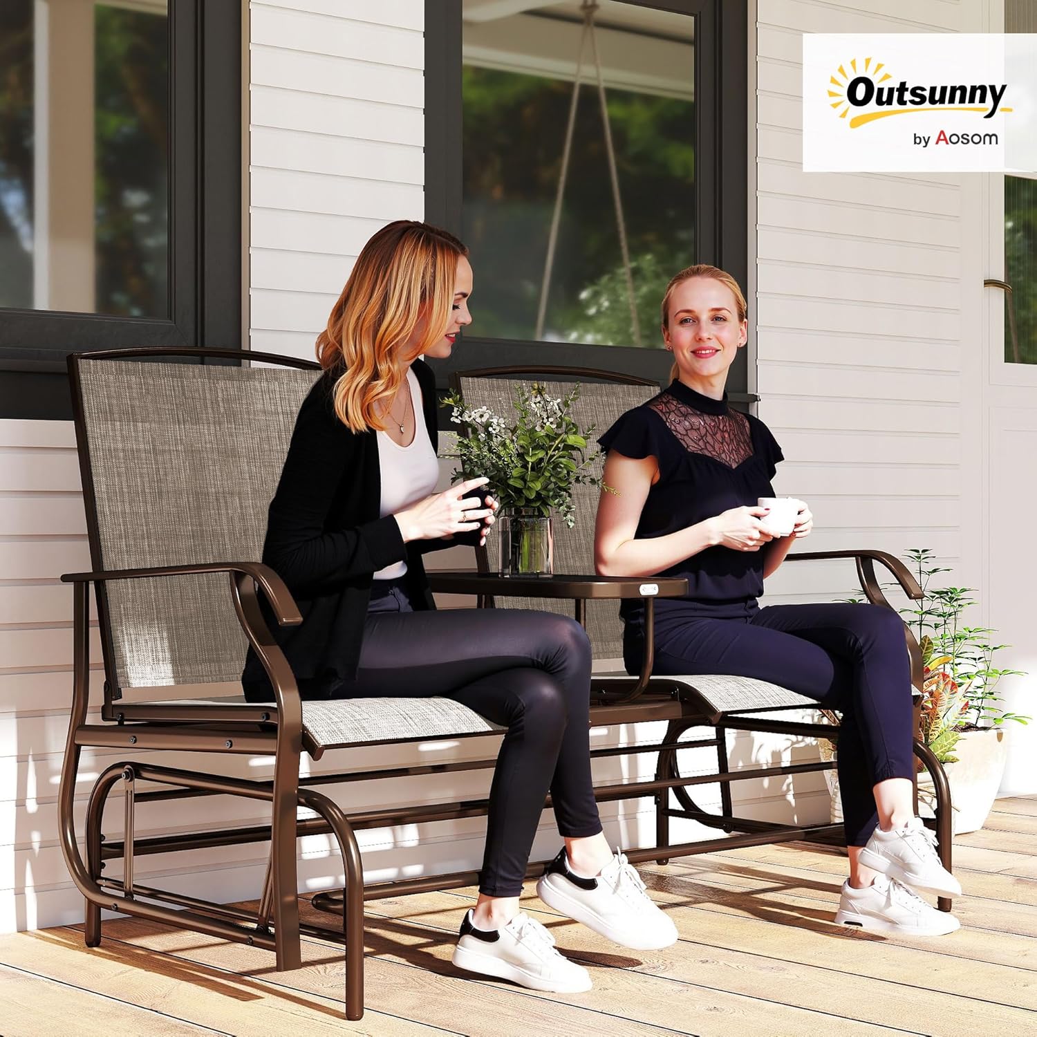Outsunny Outdoor Glider Bench with Center Table, Metal Frame Patio Loveseat with Breathable Mesh Fabric and Armrests for Backyard Garden Porch, Brown