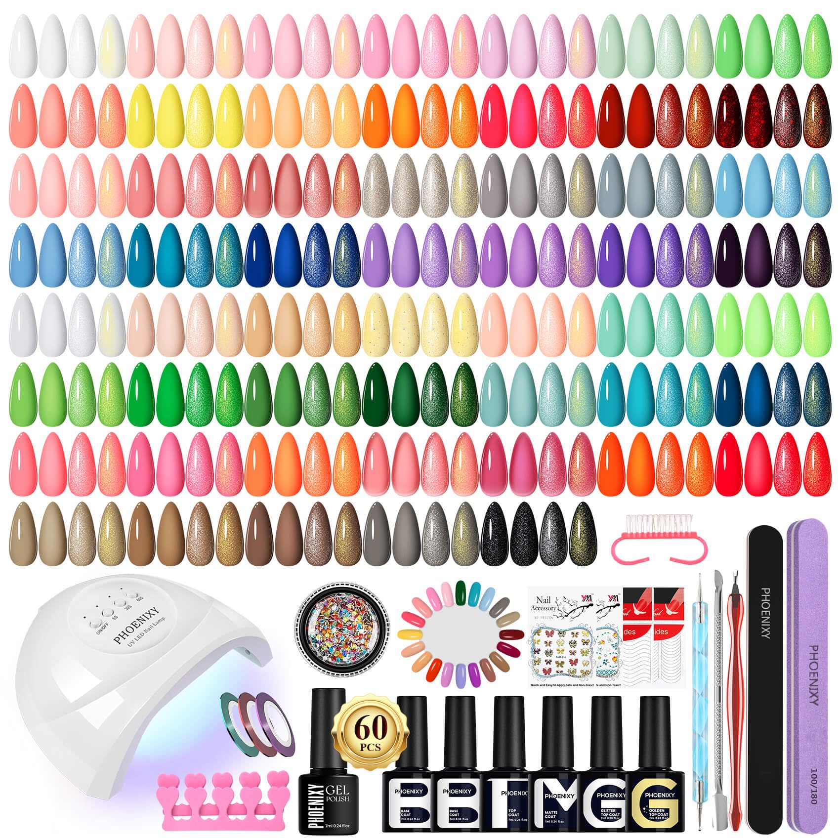 Phoenixy 60 Stück U V Nagellack Set, 54 Farben Nagelset Gelnägel Starterset mit 48W U V/LED Nagellampe Gelnägel Starterset mit Unterlack Überlack Geschenk für Frauen