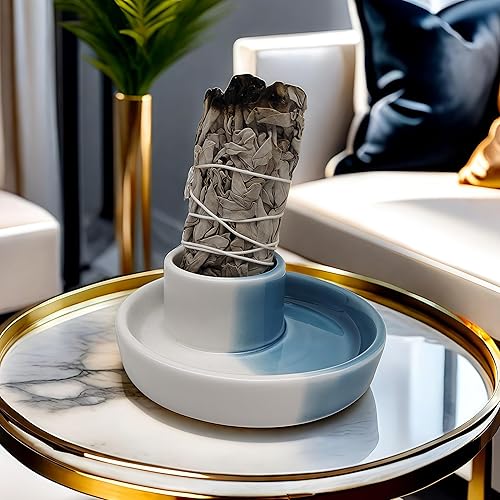 Vista 22 de Soporte para salvia, quemador de salvia blanca, cuenco para manchas, soporte para Palo Santo, soporte para incienso, paquete de soporte de incienso