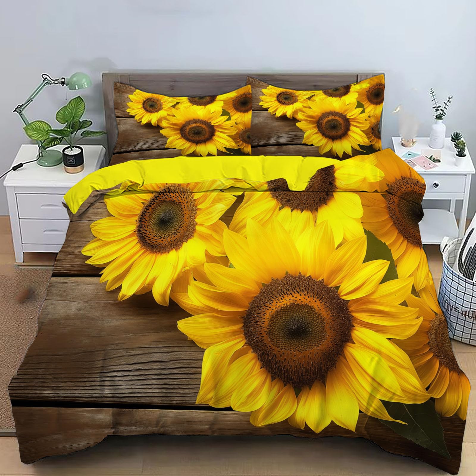 Parure de lit motif fleurs tournesol 3D avec housse de couette et 2 taies d'oreiller