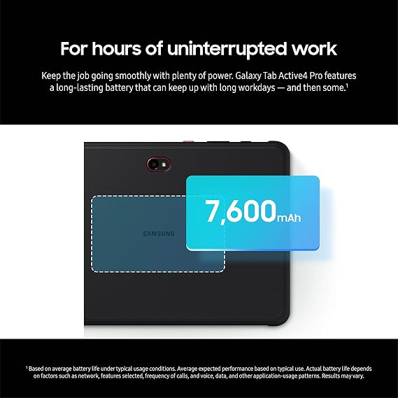 Samsung Galaxy Tab Active4 Pro 10.1 64GB Wi-Fi Android Work Tablet, LTE Unlocked, 4GB RAM, Rugged Design, Sensitive Touchscreen, Long-Battery Life-for Workers, SM-T630NZKAN20, Black