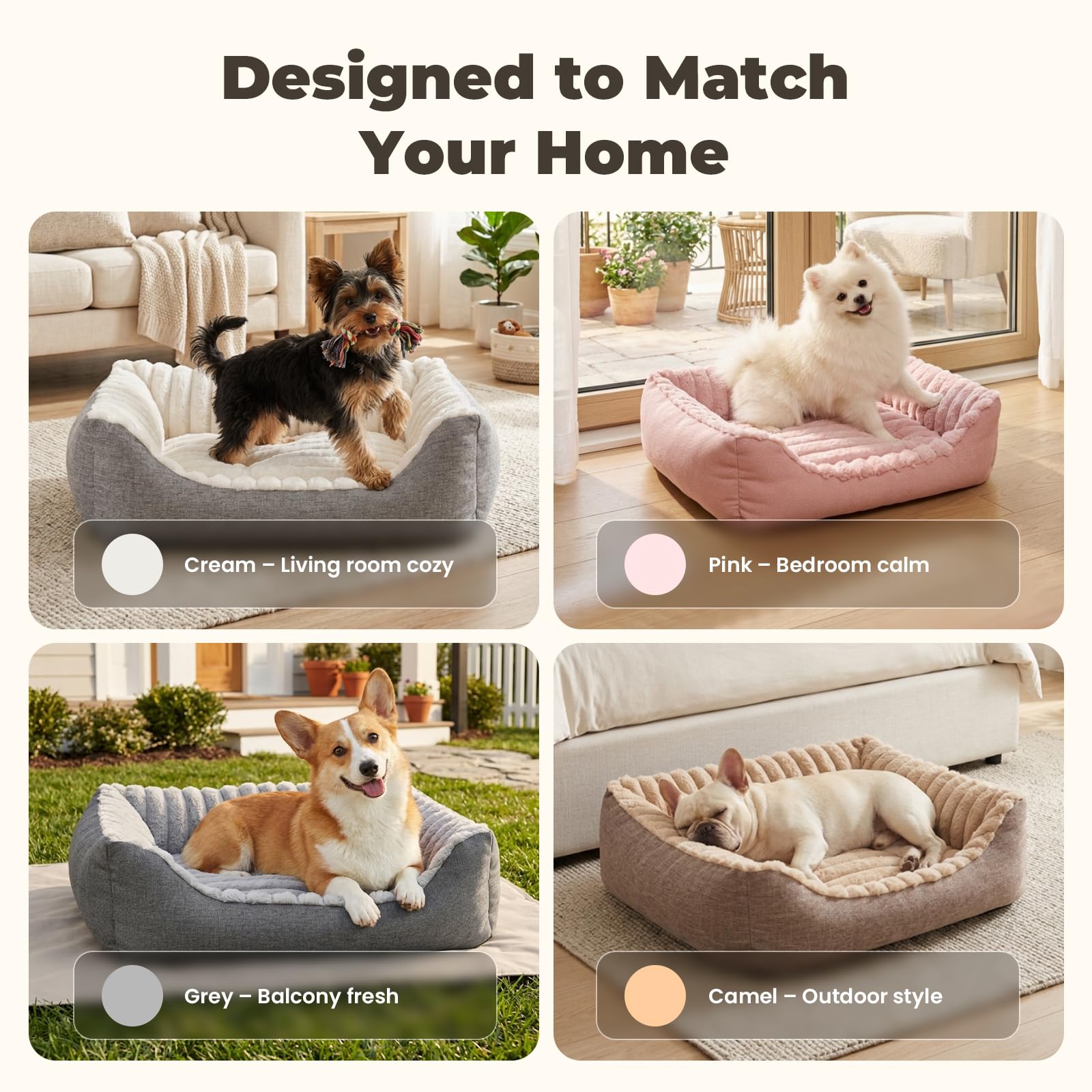 Avont Cama Mullida para Perros y Gatos Pequeños y Medianos – Espuma de Alta Elasticidad con Funda Suave Lavable a Máquina y Base Antideslizante – Camello (L)