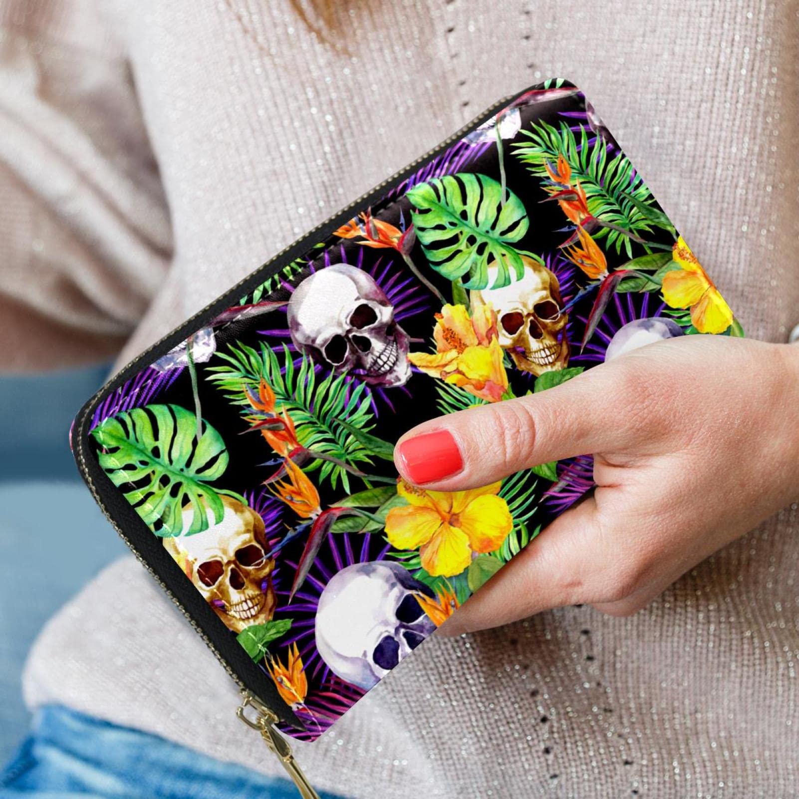 Cartera de cuero con cremallera larga con patrón de hojas de calavera, Varios colores, 20.5x2.5x11.5cm/8.07x1x4.53 in, Classic