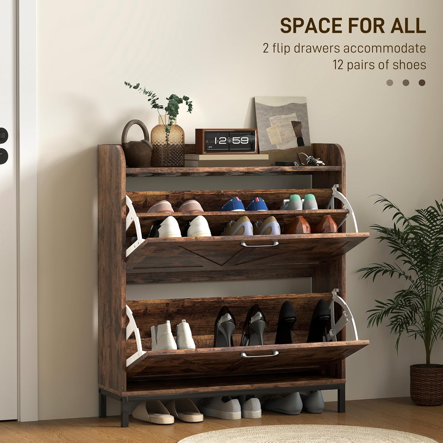 HOMCOM shoe cabinet with both flip drawers open, showing shoes stored inside