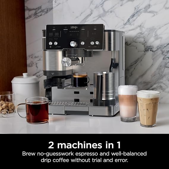 Ninja Luxe Cafe Essential Series, Espresso Machine and Drip Coffee Maker, Integrated Grinder, Assisted Tamper, Hands-Free Frother, for Cappuccinos and Lattes, Dairy or Non-Dairy. ES501C