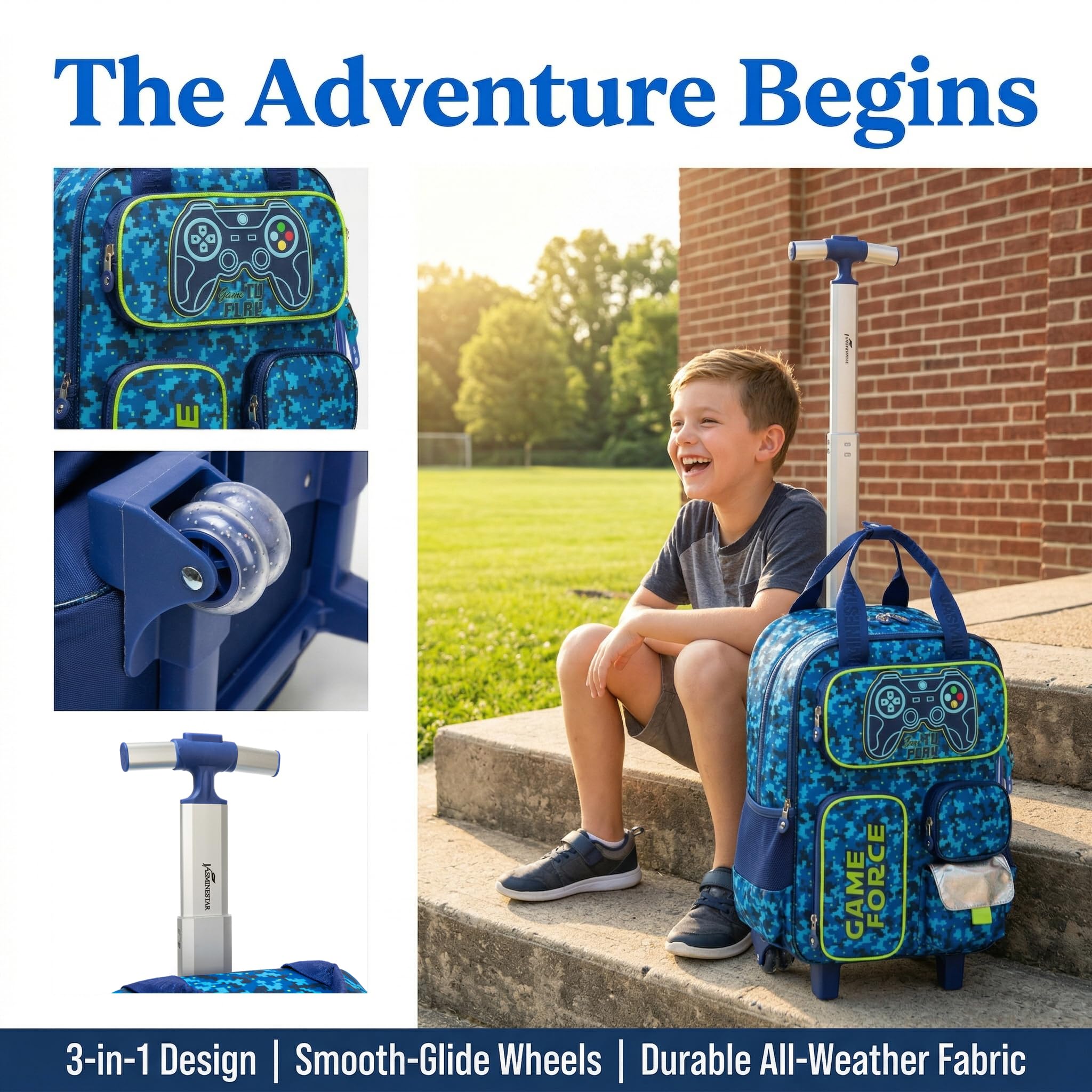Zaino con Rotelle Bambino Tasche Multifunzionali Joystick Trolley Zainetto Asilo Scuola Elementare Primaria Borsa Pranzo Portamatite Grande Carrello Valigia Ragazzo Viaggio Blu