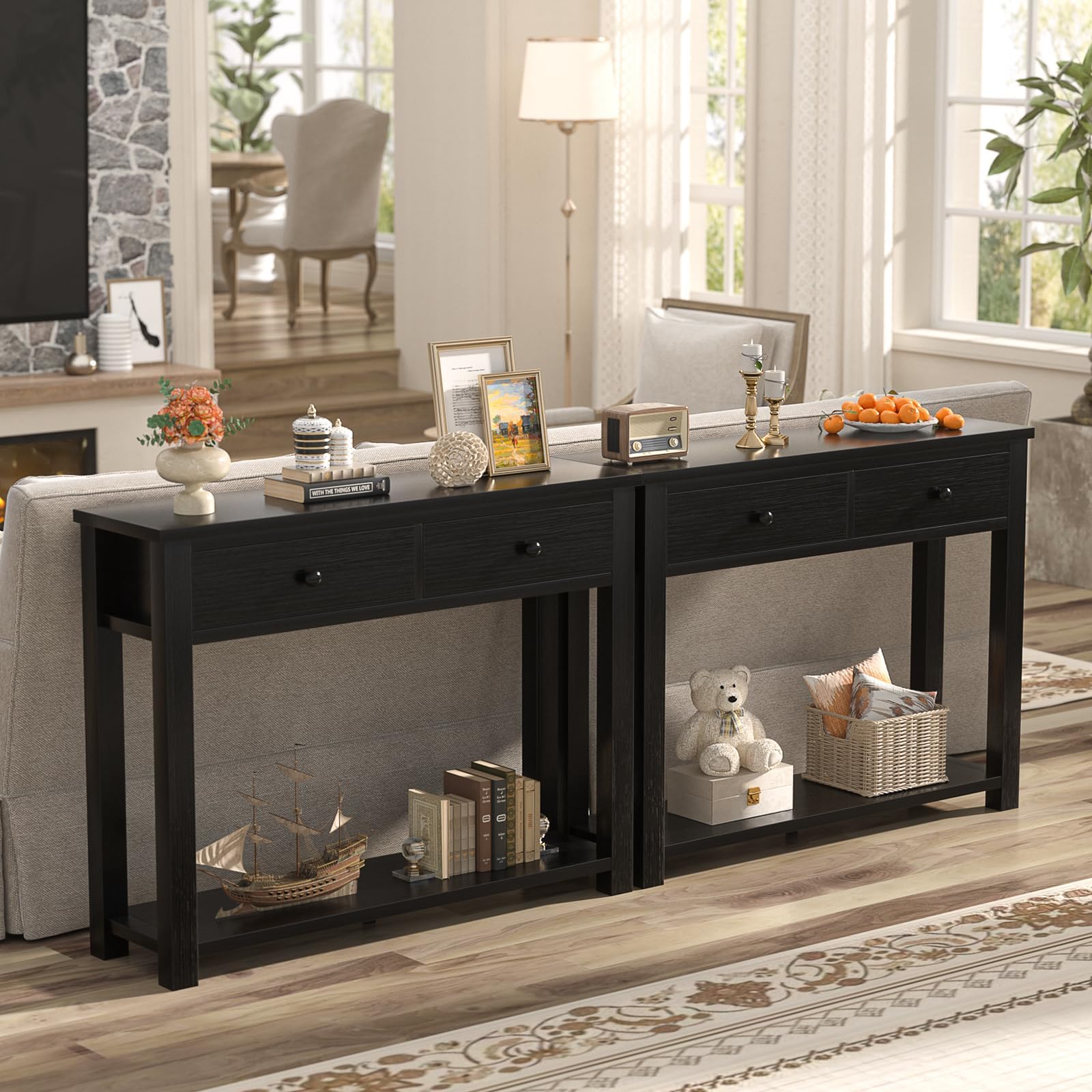 iSunirm Table console de style ferme en bois avec 2 tiroirs, table de 80 cm de large avec compartiment de rangement pour salon, derrière le canapé, table d'entrée pour couloir, salon ou entrée, Noir
