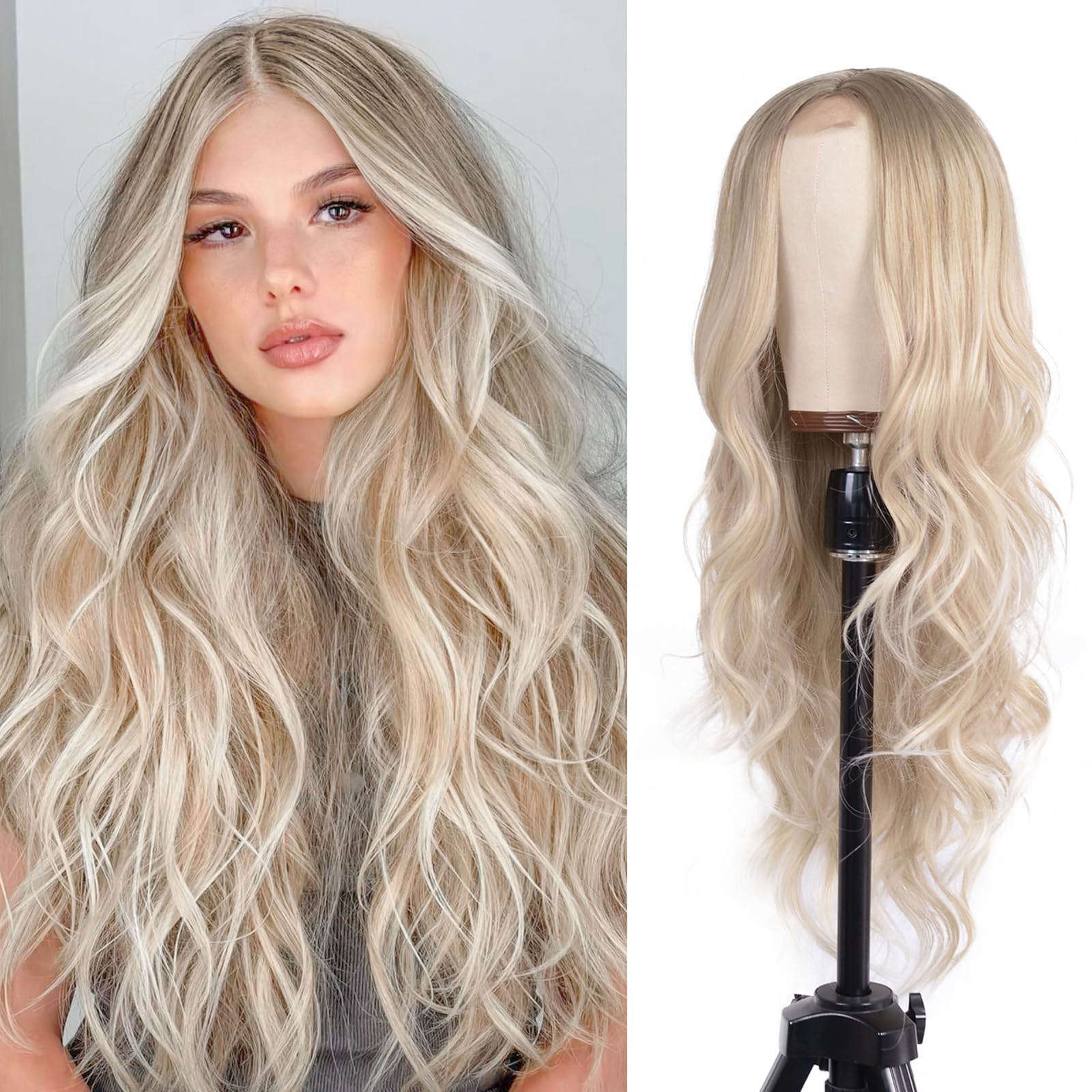 T-color Ash Blonde Long Wavy Wig for Women Middle Part Curly Wavy Synthetic Wig Natural Looking Heat Resistant Fiber Wig for Cosplay, Party, Daily Use