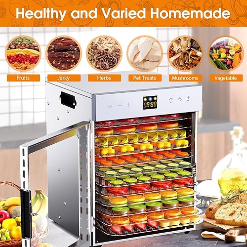 Miniatura 4 de Food Dehydrator for Jerky, 12 Stainless Steel Trays, 1200W Fruit Dehydrator, 24H Timer and 190°F Temperature Control, Overheat Protection, Food