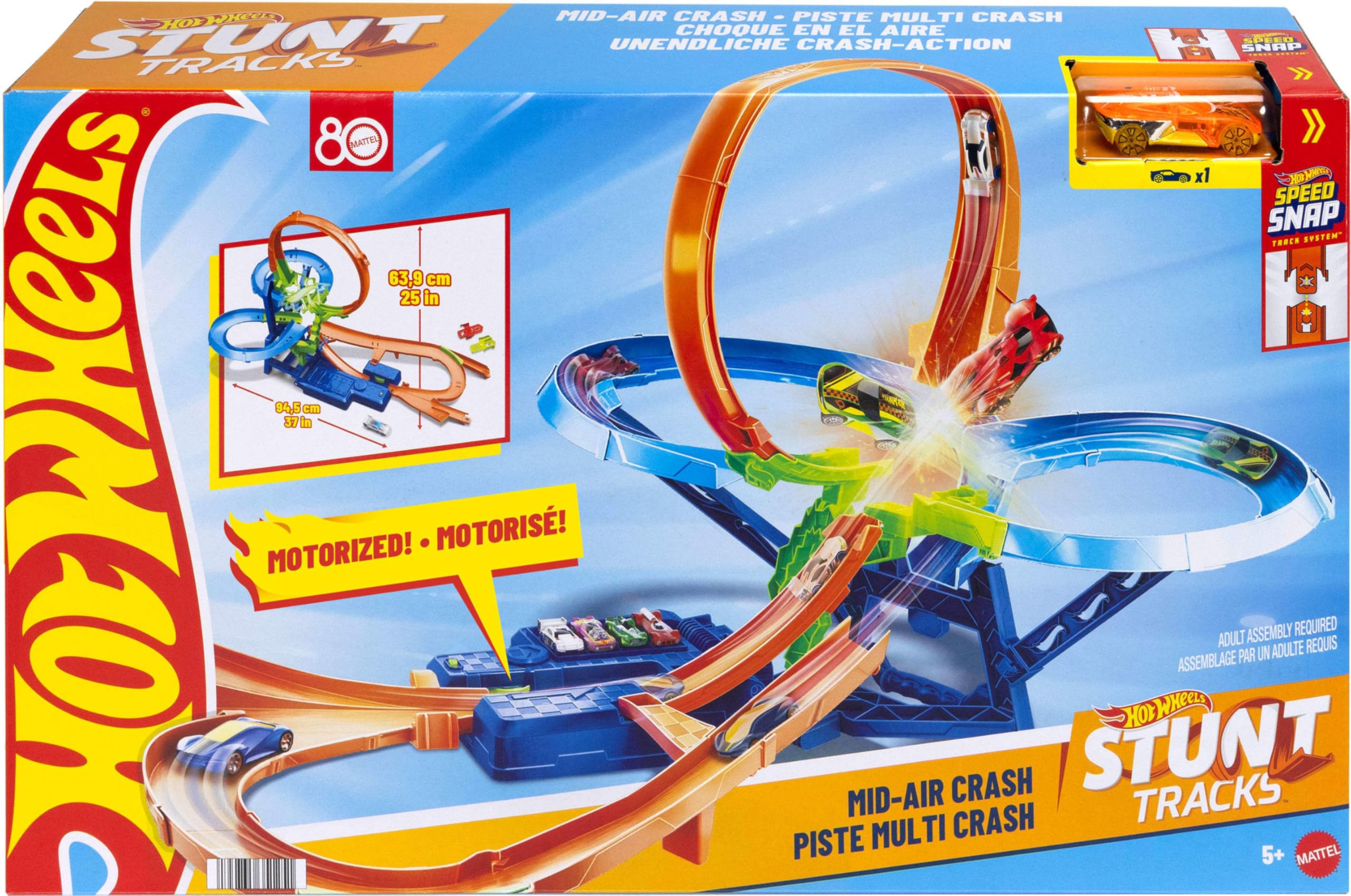 Hot Wheels zestaw zabawkowych samochodów do śledzenia wyczynów, nieskończona akcja Crash-Action z samochodem w skali 1:64 i akceleratorem zasilanym bateriami do niekończących się akrobacji i wyścigów | Zestaw torów zabawkowych z silnikiem wspomagającym do