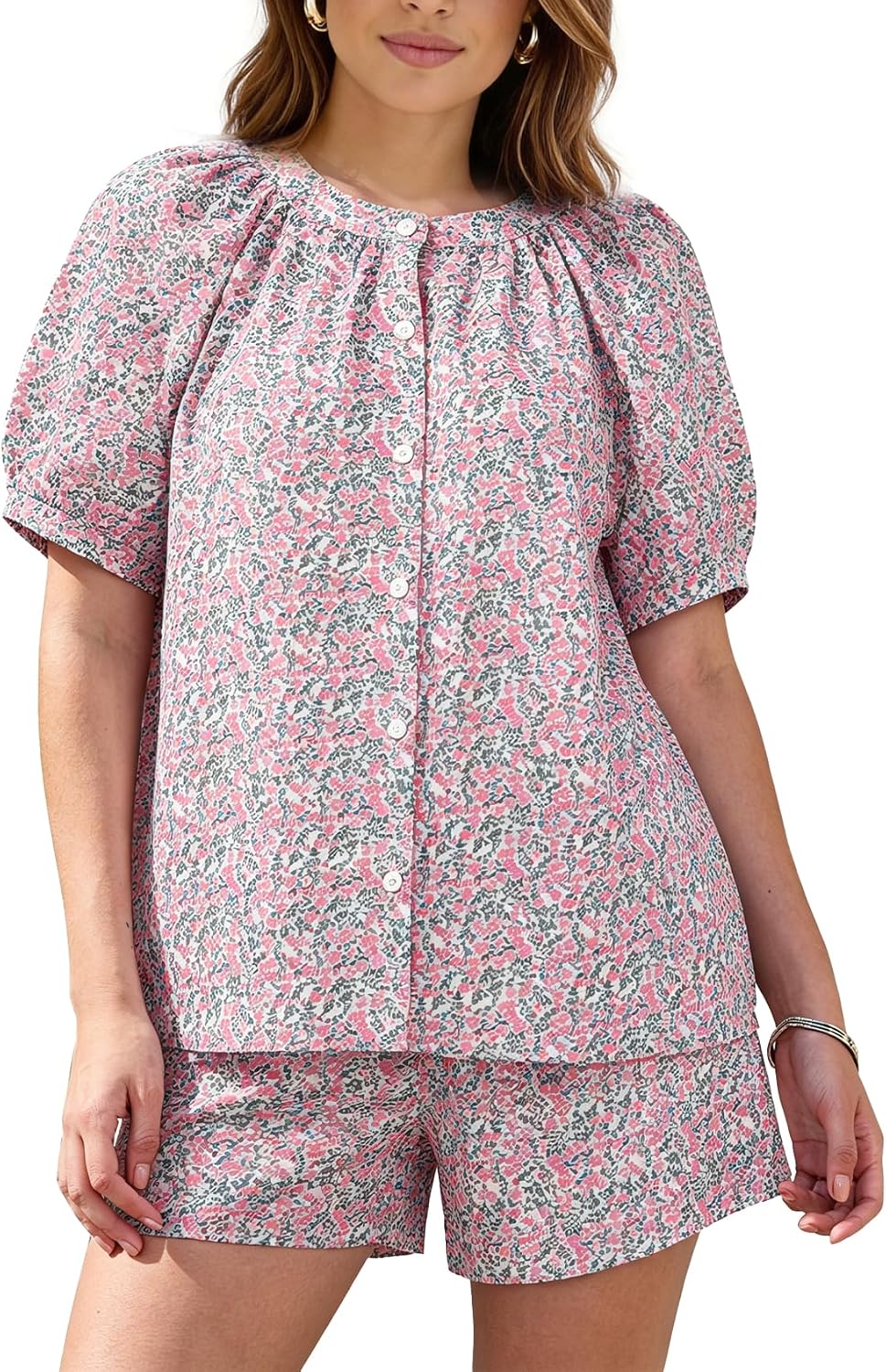 Flygo Women's Floral Pajamas Sets 2 Piece Lounge Set Button Down Tops and Soft Shorts Sleepwear with Pockets