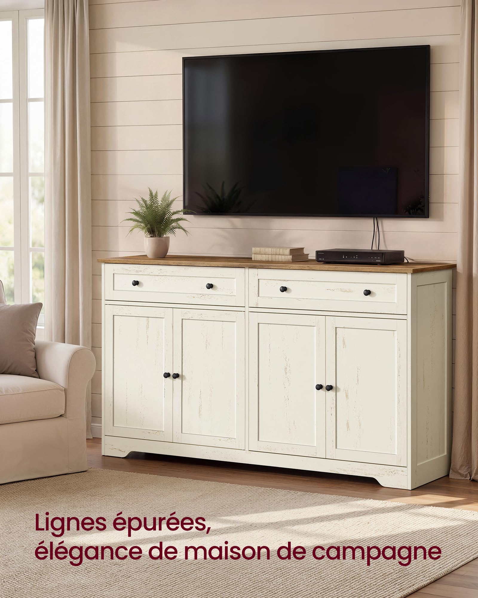 VASAGLE Siren Collection - Meuble de Rangement, Buffet de Cuisine, Style Maison de Campagne, avec 2 Tiroirs, Étagères Réglables, 4 Portes, Bar à Café, 40 x 140 x 80 cm, Blanc Rustique LSC541WJ01