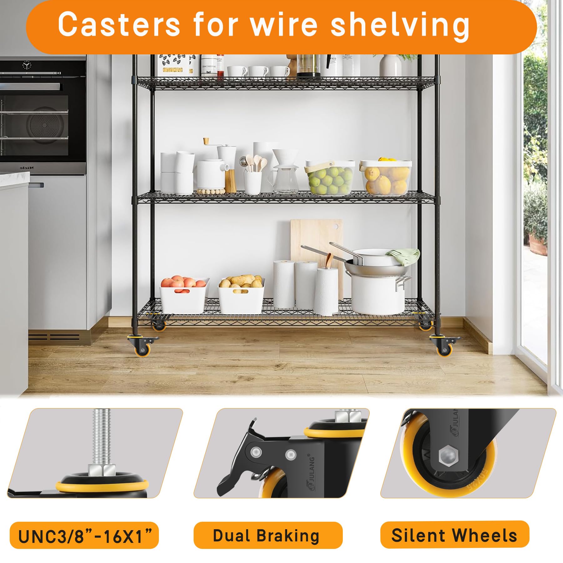 4 Stück 5,1 cm Feststellbare Räder mit 3/8 Zoll Gewindestange, Stangenmontage (UNC 3/8 Zoll - 16 x 1), 4 Stück Schwerlastrollen für Regale, Trolleys und Möbel