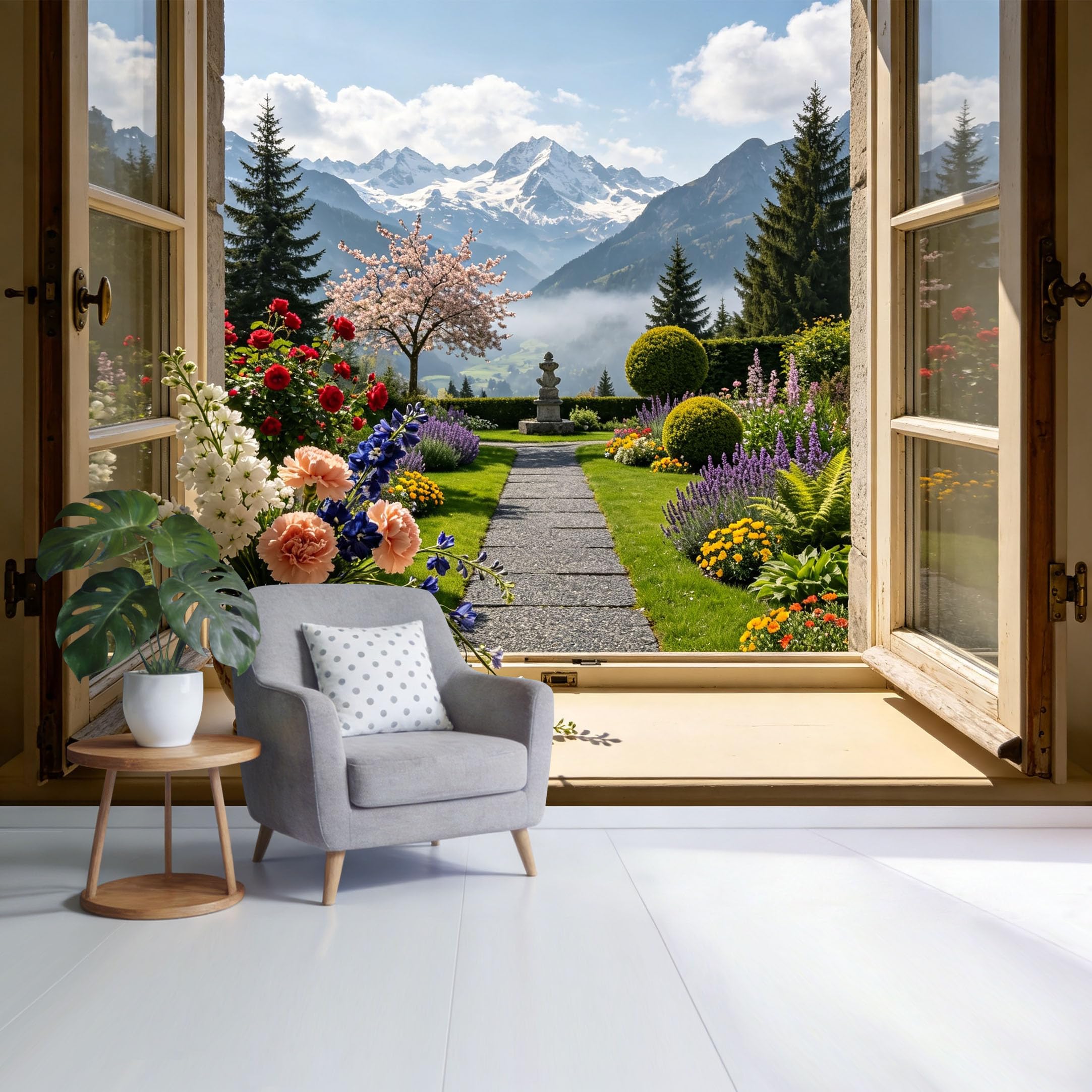 Custom Size Wall Mural Alpine Mountain View Scenic Garden Floral Landscape 3D Trompe L'Oeil Removable Self Adhesive Fabric， Home Wall Decor for Living Room Bedroom Bathroom