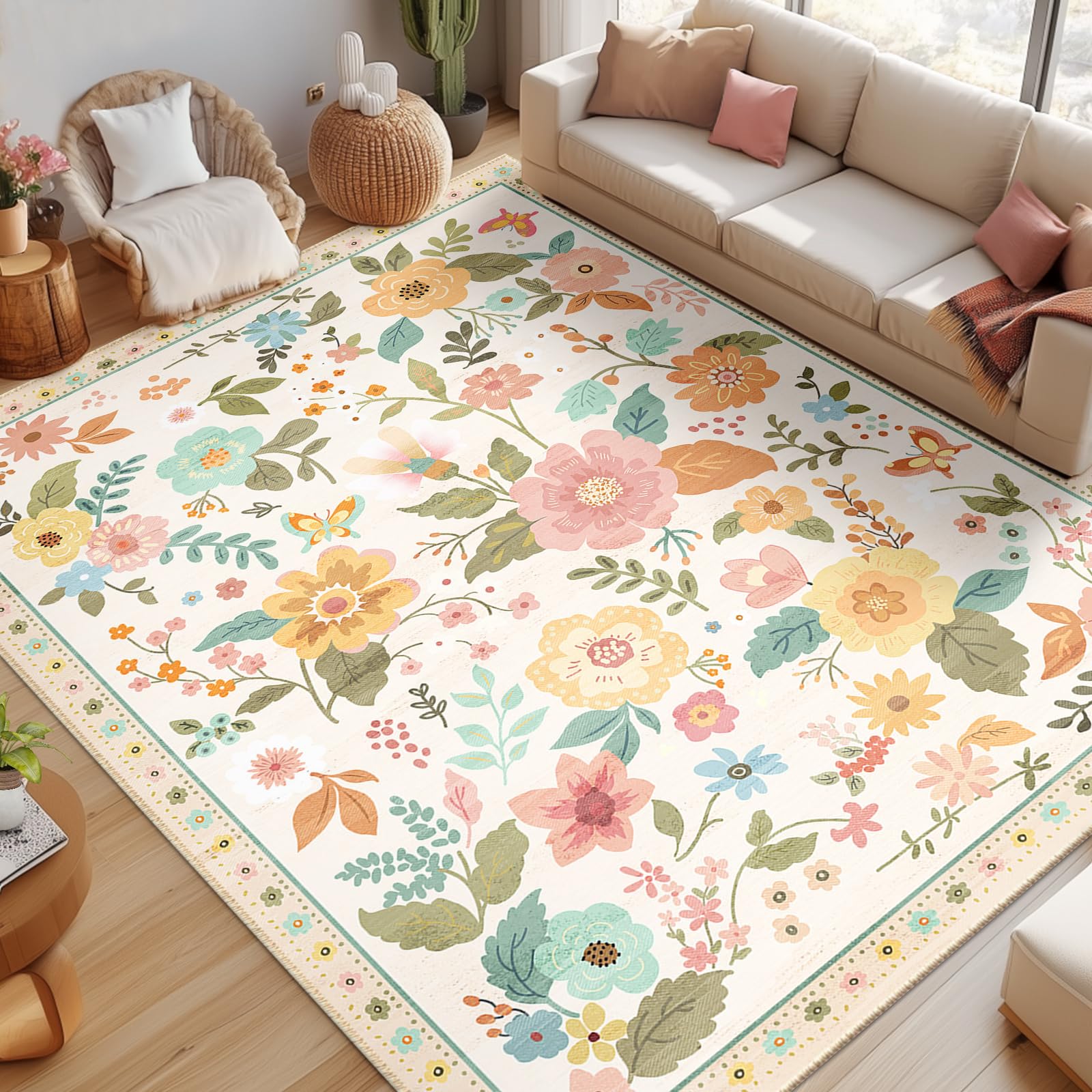 RELEANY Floral 8x10 Area Rug Machine Washable Soft Print Boho Carpet Non Slip Doormat Low Pile Flower Area Rugs for Living Room Bedroom Nursery