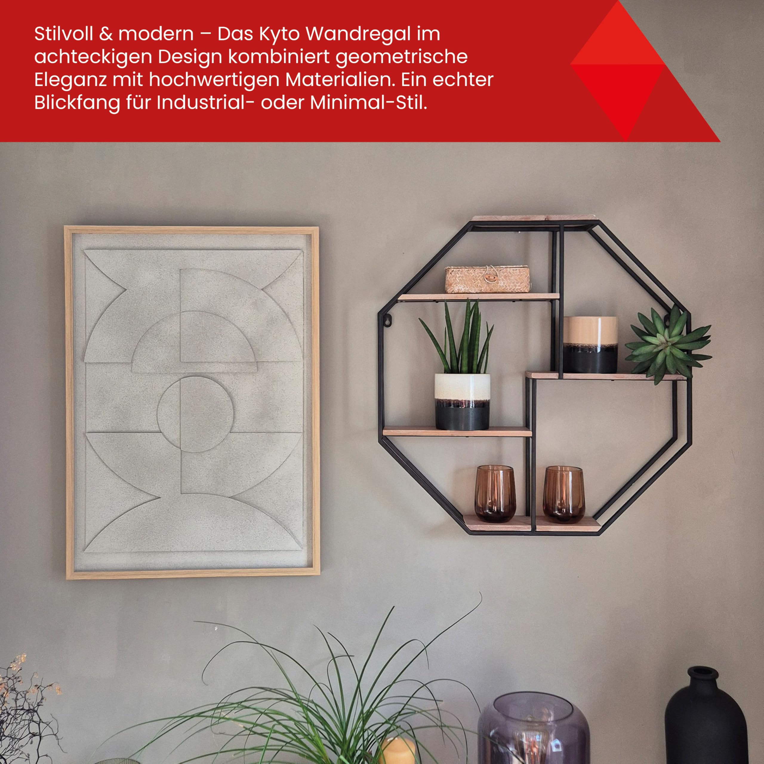 Kyto Wandregal Achteckig 60x60cm Durchmesser, Robustes Oktagon Deko Regal aus Metall Oktagonalform und 5 Holz Ebenen