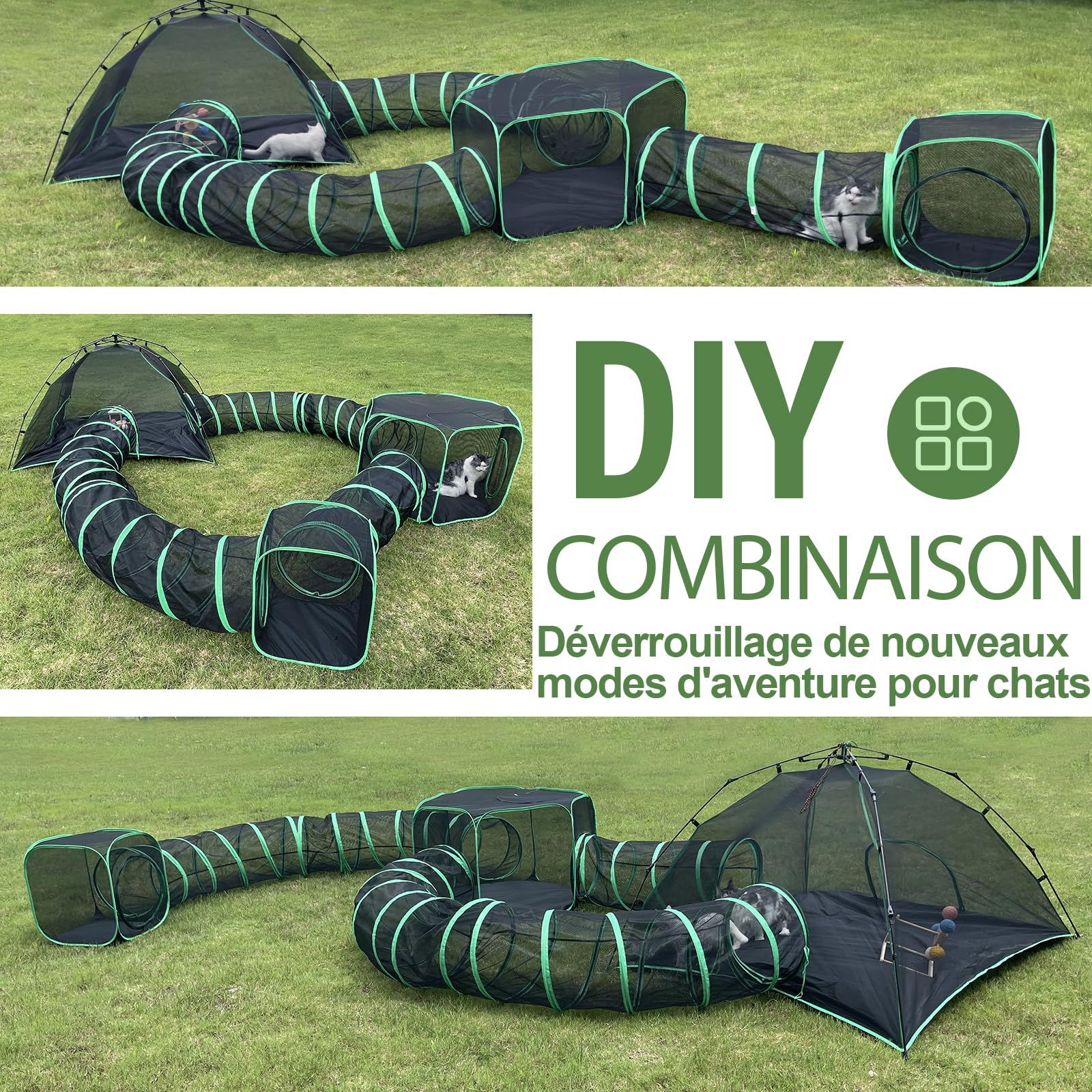 Pawtenda Aire de Jeu pour Chat 6 en 1 pour l'extérieur, enclos Portable, Cage de Jeu et Parc pour Animaux de Compagnie, avec 3 tentes et 3 Tunnels