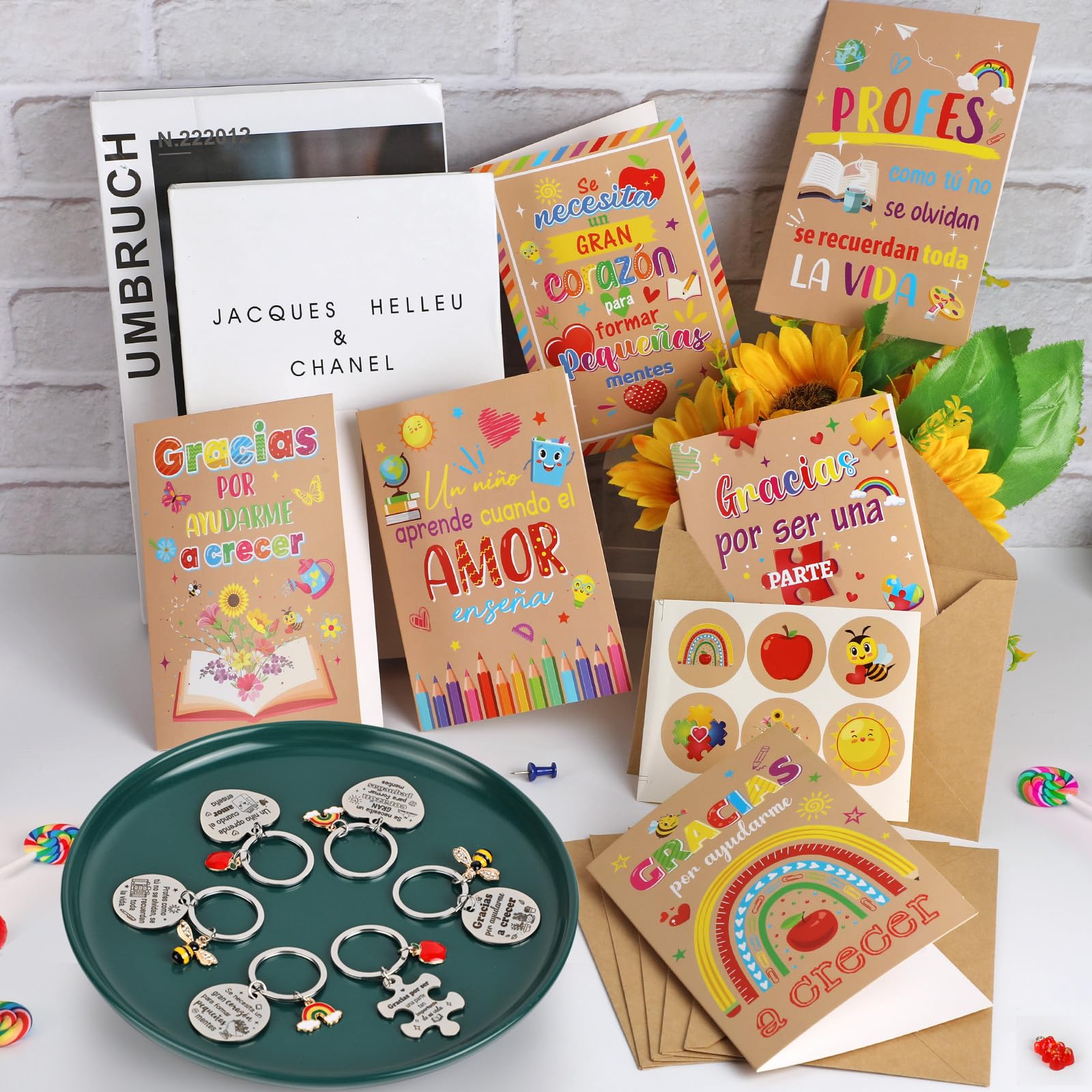 HOWAF Regalo Profesora, Regalo Profesor, 6 Tarjeta Profesor, Tarjeta Profesora Infantil & 6 Llavero Profesora, Llaveros Profesores, Regalos para Profesores Profesoras, Regalo Maestro Maestra, A