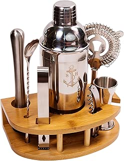 Stock Harbor 8 Piece Stainless Steel Bartender Set with Curved Bamboo Base Kitchen Accessories Cocktail Bar Tool Set - coolthings.us
