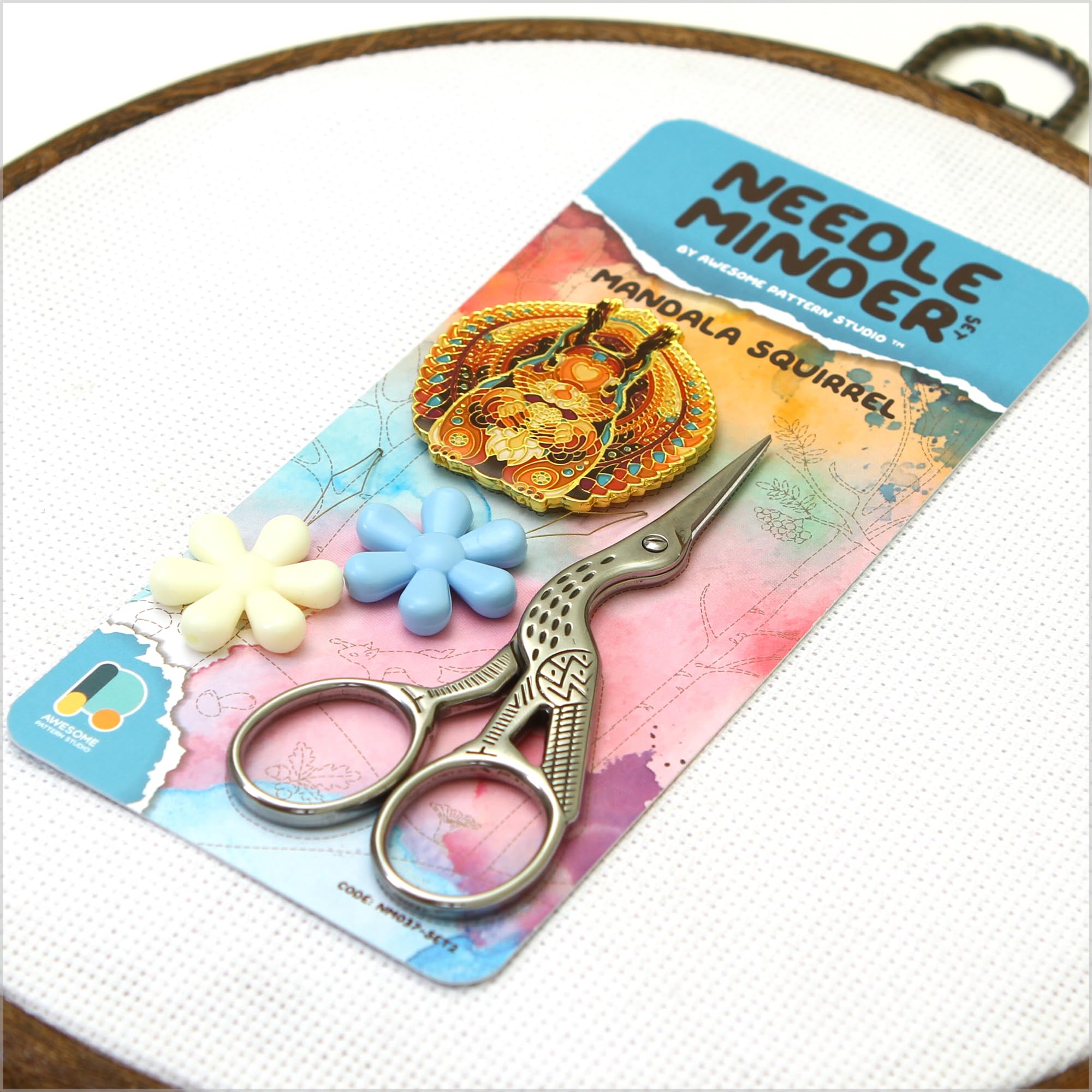 Awesome Pattern Studio Needle Minder Set - Mandala Elephant Magnetic Holder + 2 Threaders For Cross Stitch & Embroidery
