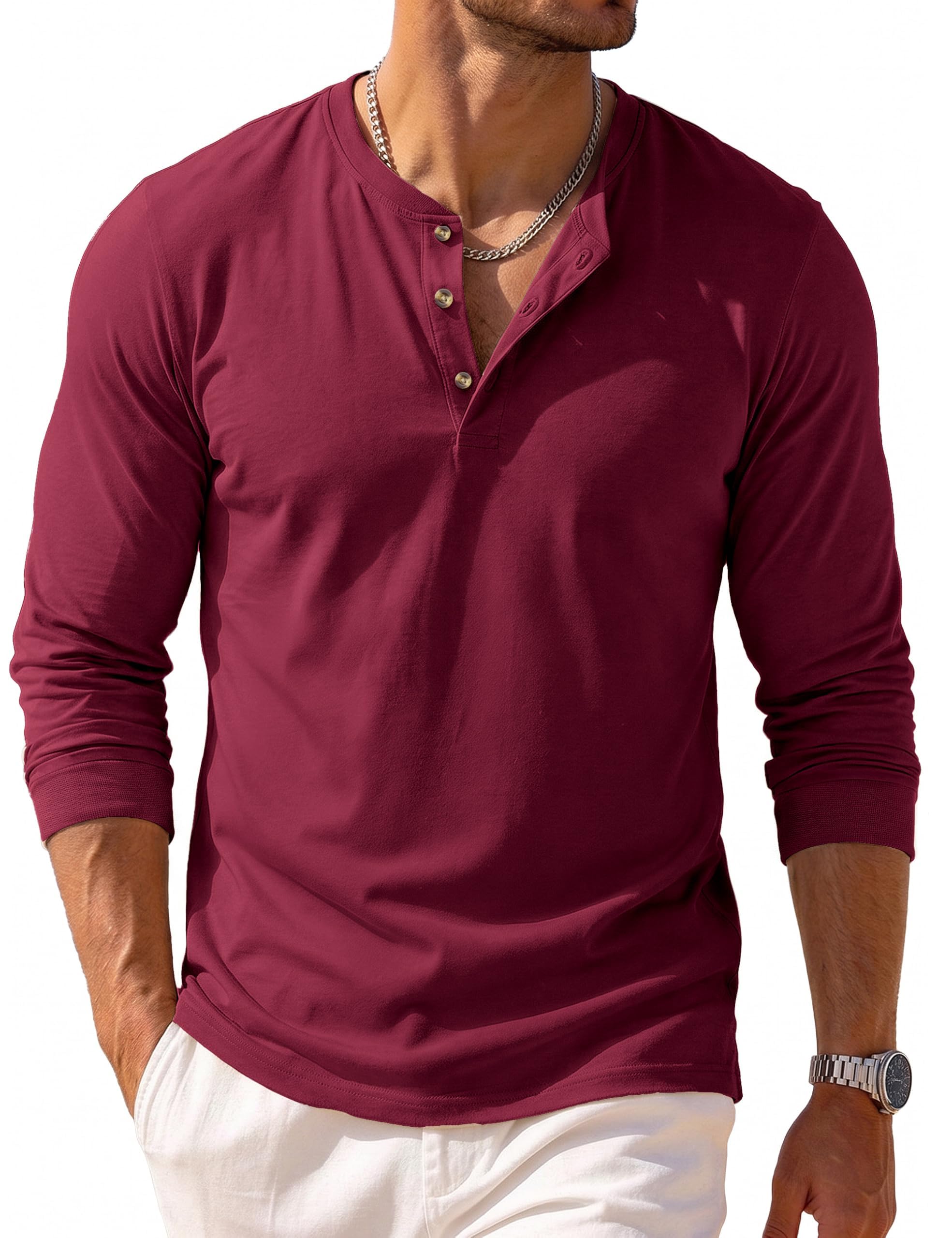 EKLENTSON Henley Shirt Herren Langarm Baumwolle Basic Tshirt | Henley-Kragen, Regular Fit, Hautfreundlich, Atmungsaktiv, Komfortabel, Moisture Wicking, Freizeit, Einfarbig, Casual