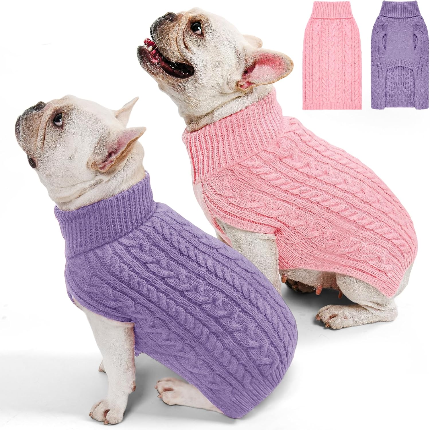 2 Pack Dog Sweaters for Medium Dogs Turtleneck Pullover Cable Knit Stretch Clothes French Bulldog Dachshund Boston Terrier Corgi Beagle Pug Boy Girl Pets Winter Clothes (L, Pink & Purple)