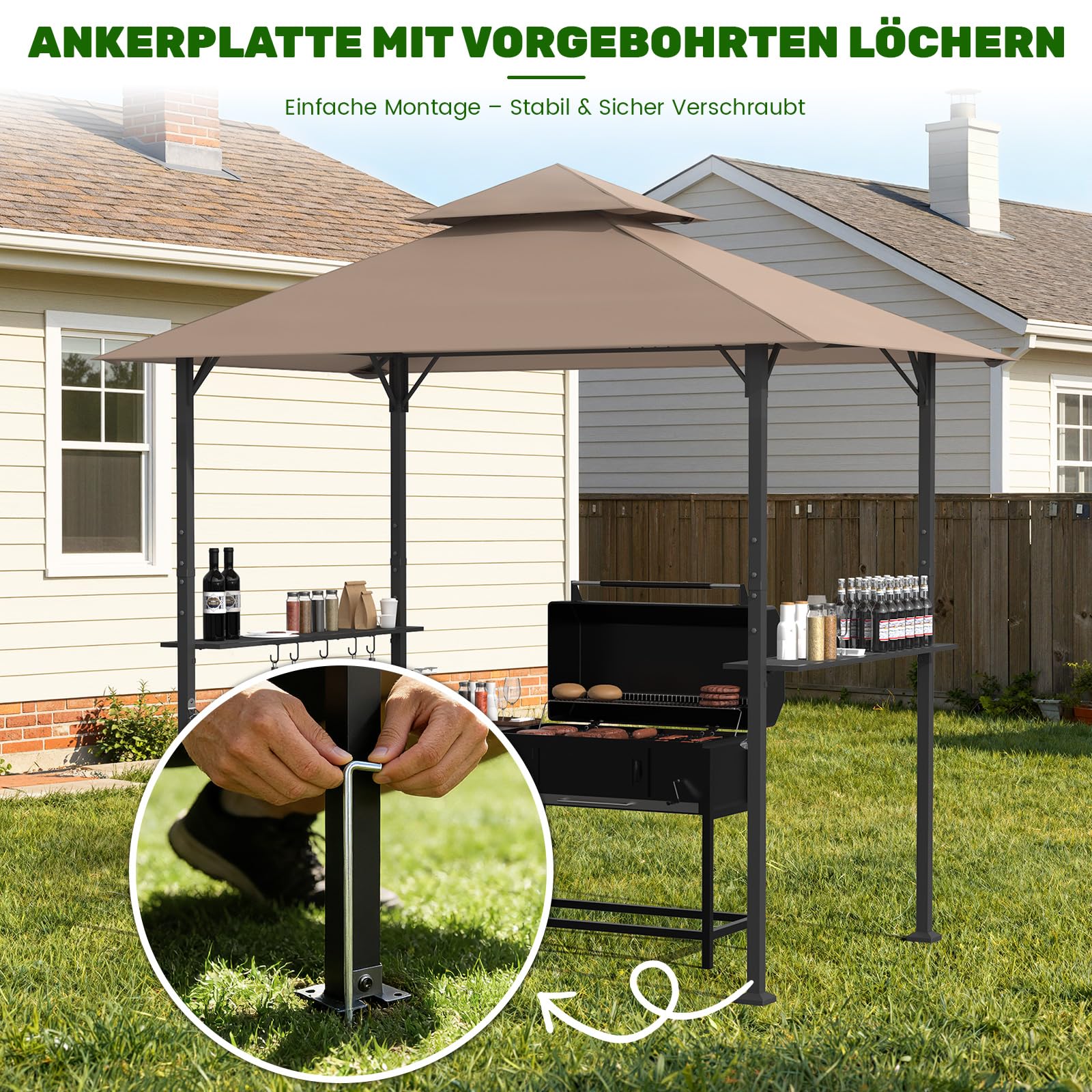 Huracan Grillpavillon mit Doppeldach, Wetterfest Gartenpavillon Grillüberdachung, Gartenlaube mit Seitenregalen, Flaschenöffner & Haken, UV-Schutz Belüftetes Dach, Grillunterstand BBQ Pavillon Party
