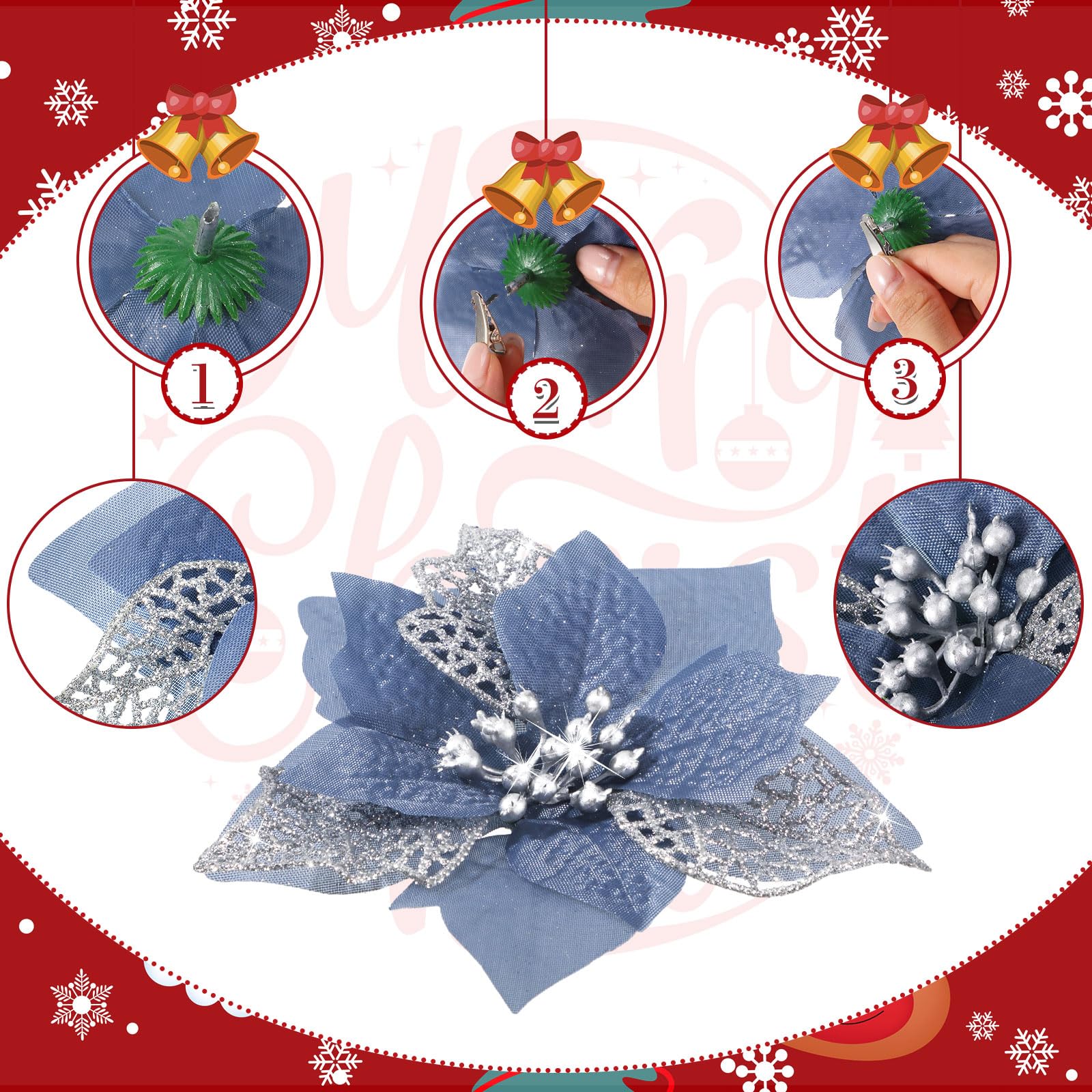 Boao 24 Pieces Christmas Artificial Glitter Poinsettia Flowers Xmas Flowers Wedding Christmas Tree New Year Ornaments(Dusty Blue) - Image 3