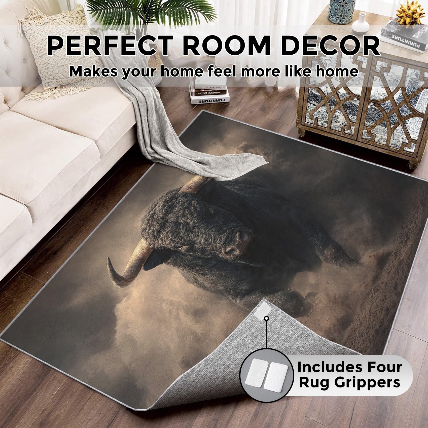 Générique Tapis Entree Interieur Taureau Noir, Petit Tapis Motif Animaux Sauvage Bison Chambre 60 x 90 cm, Antidérapant Lavable Doux à Poils Ras, Decoration Maison W-Z3