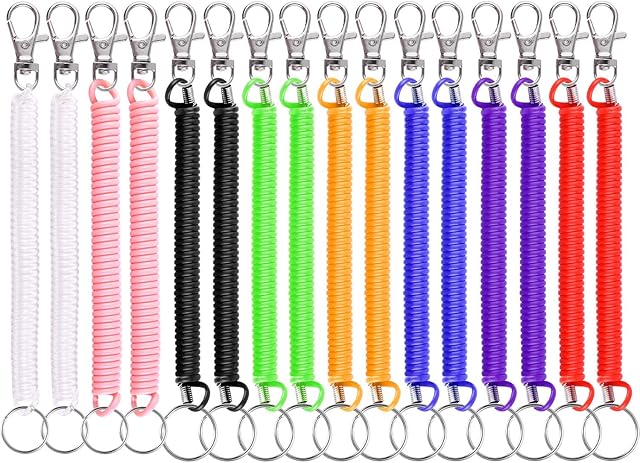 TUPARKA 16 Pcs Stretchy Spiral Keyring Colorful Plastic Retractable Keychain Spring Key Holder for School, Work, 8 Colors