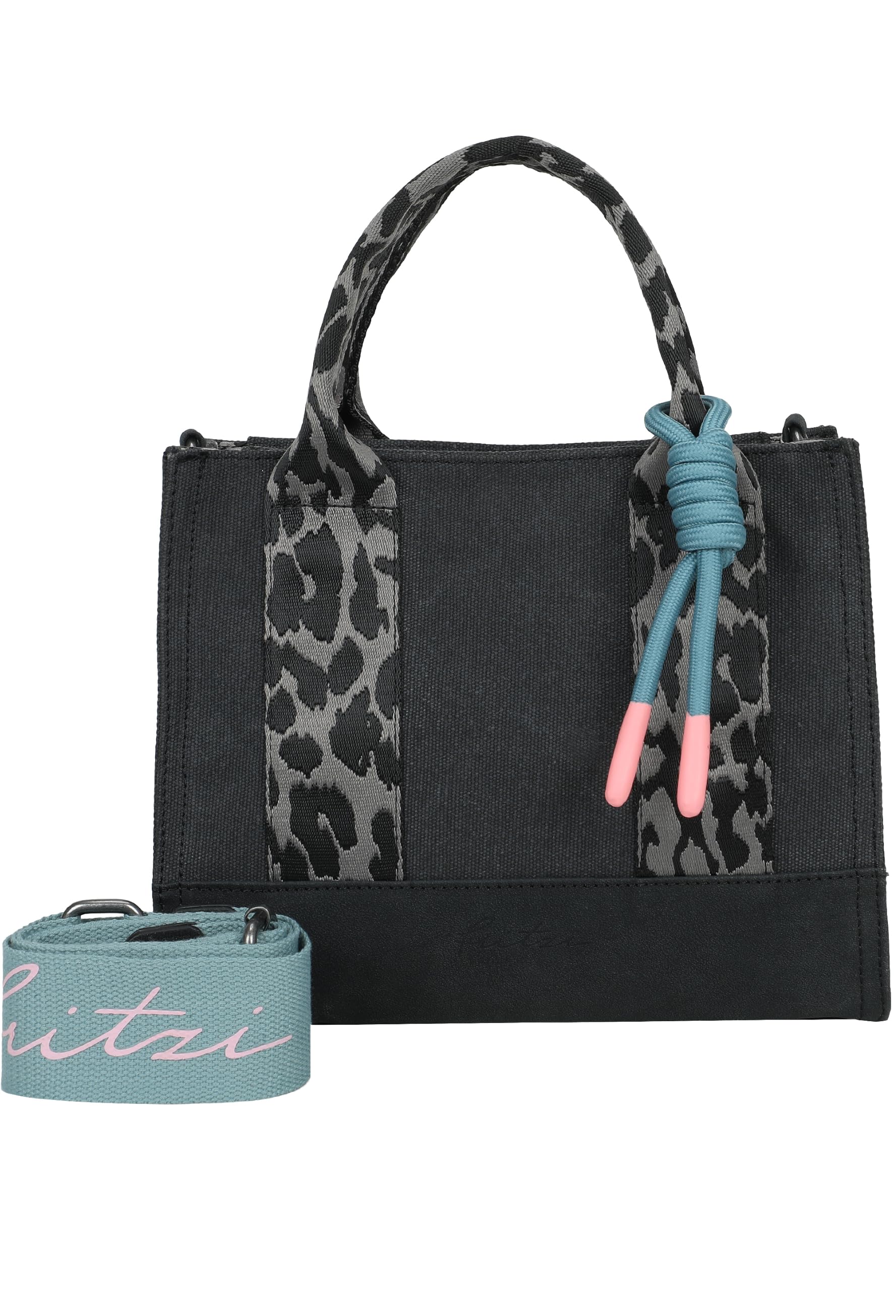 Fritzi Izzy09 Limited Happy Leo Damen vegane Canvas Crossbody Baumwolltasche Umhängetasche Schultertasche mit Reißverschluss und Schultergurt Leoprint für Alltag Reisen Freizeit 5 L – Olive, Schwarz